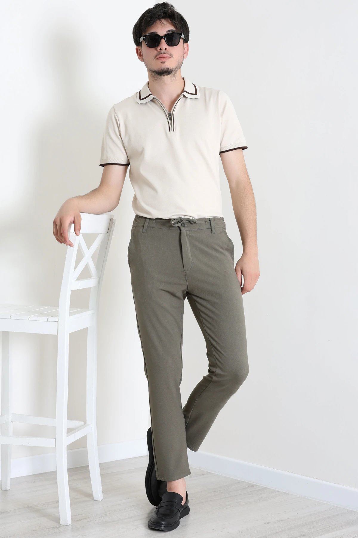 Dokuma Beli Lastikli Erkek Jogger Pantolon Koyuhaki