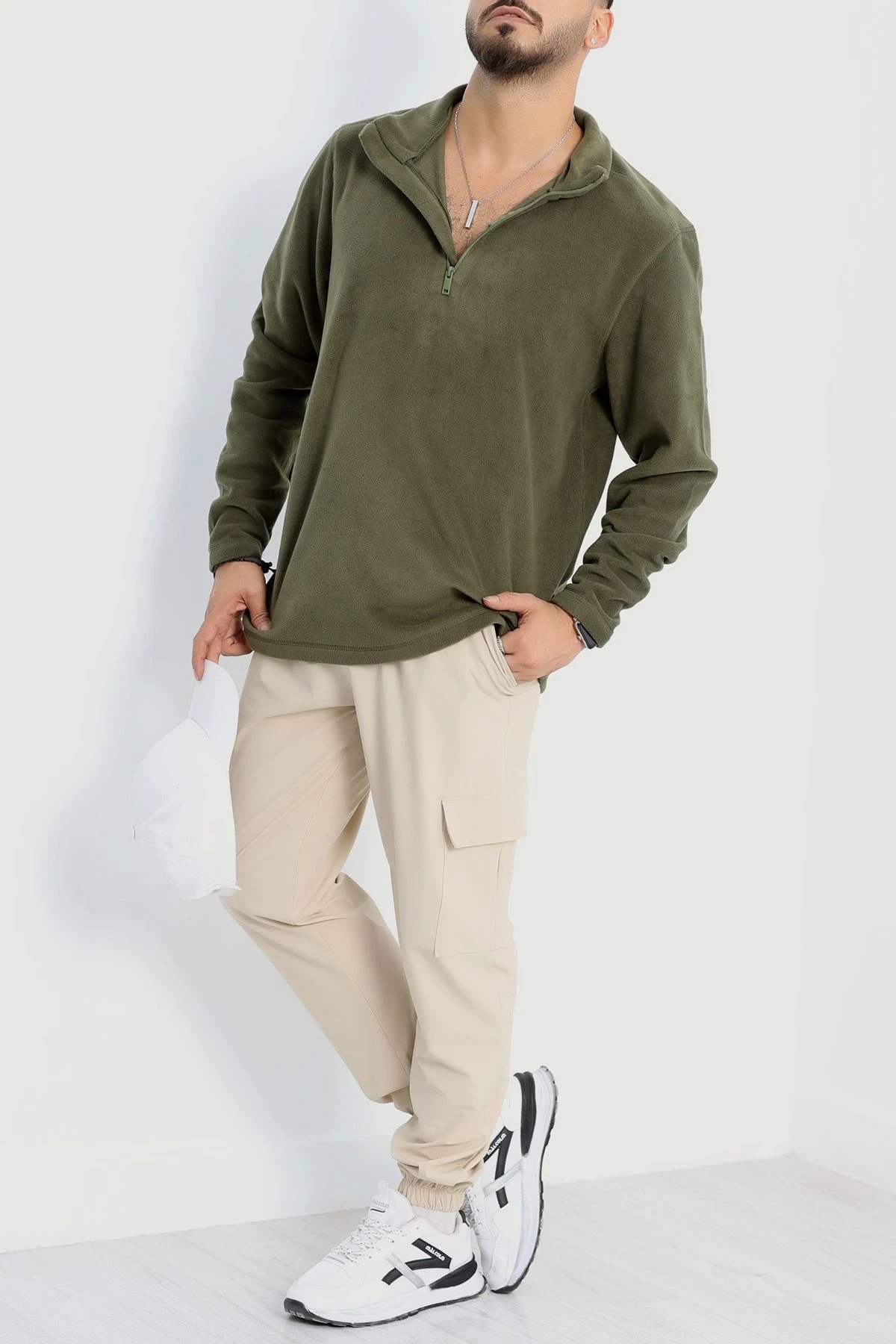 Yarım Fermuar Erkek Polar Sweat Haki