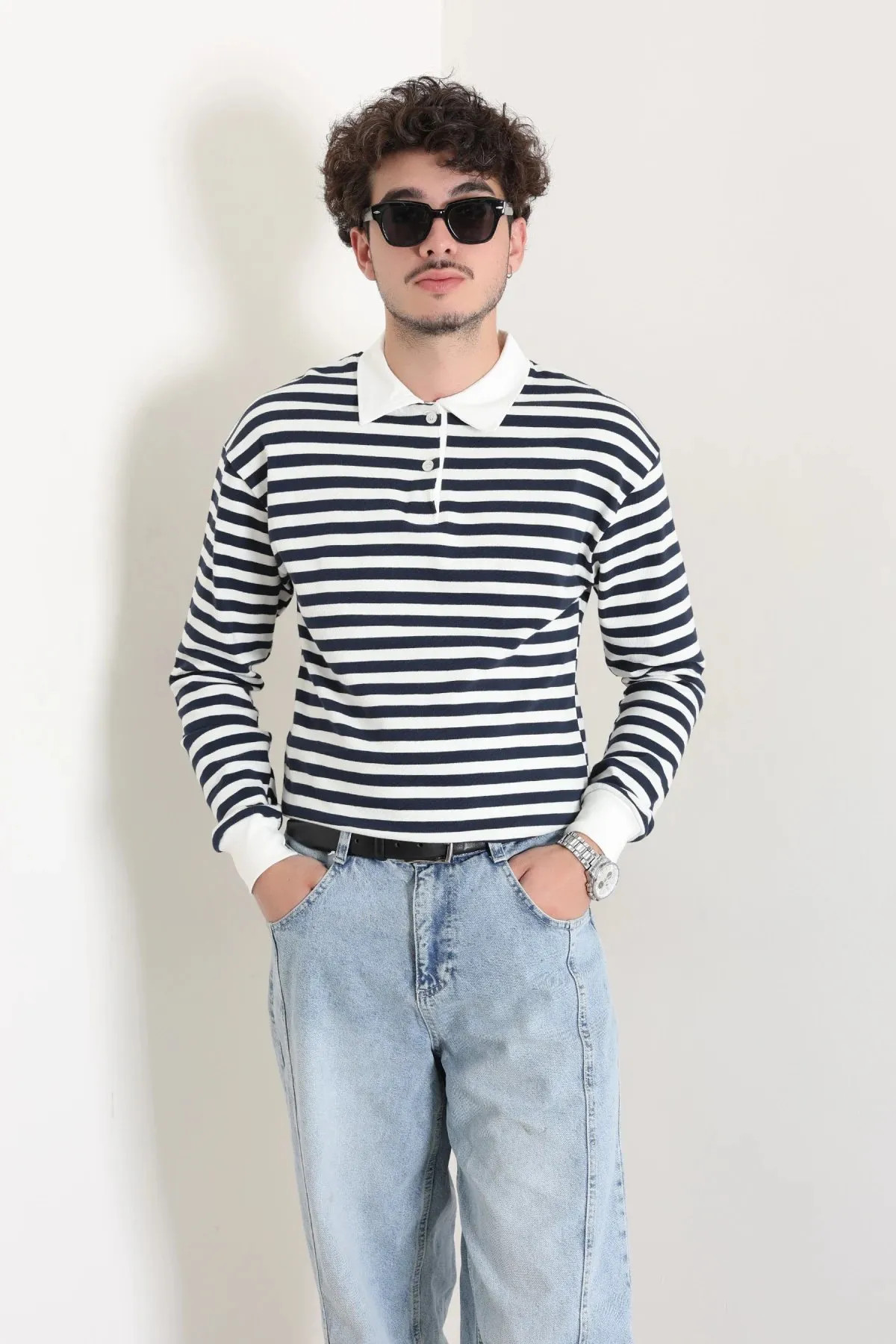 Polo Yaka Çizgili İnterlok Erkek Sweat Lacibeyaz