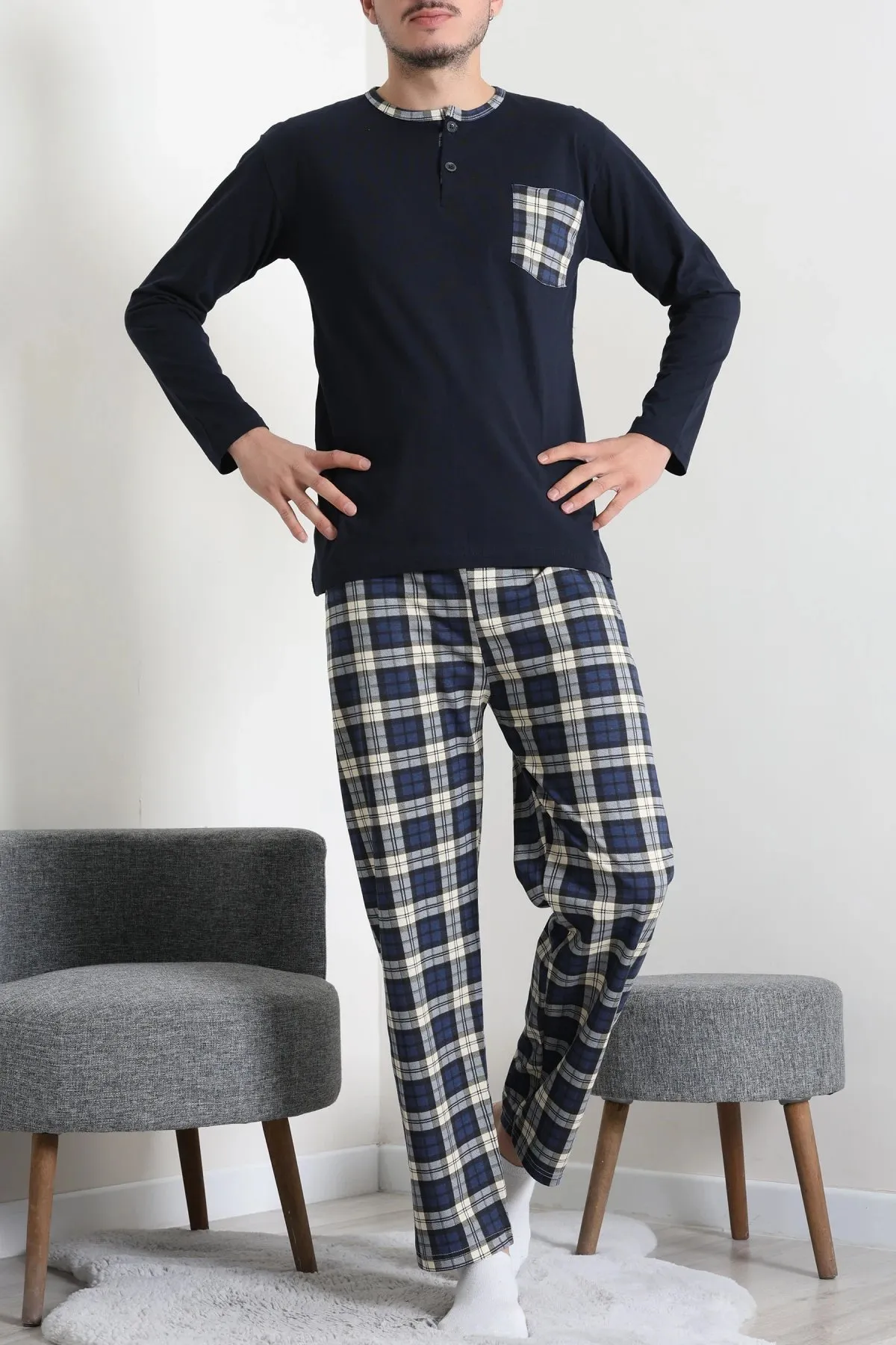Süprem Patlı Ekose Pijama Takımı Lacivert
