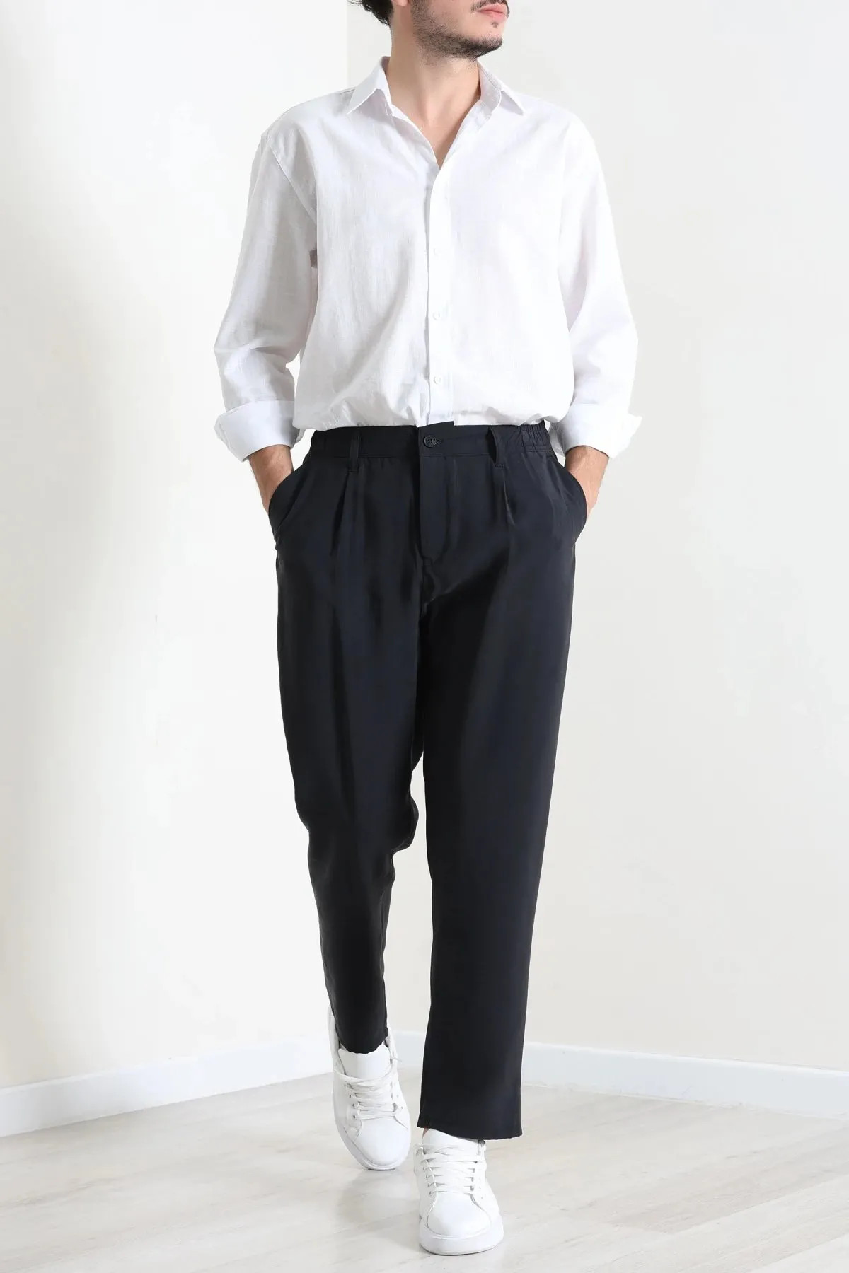 Erkek Modal Baggy Beli Lastikli Pantolon Siyah