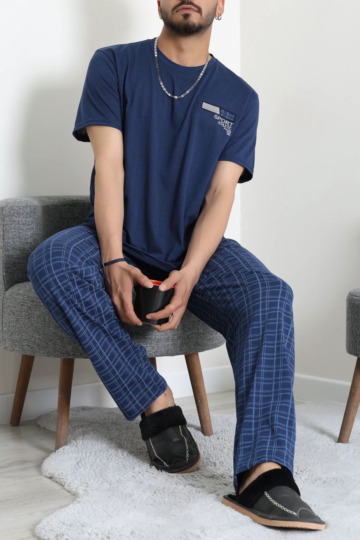 Süprem Ekose Erkek Pijama Takımı Lacivert