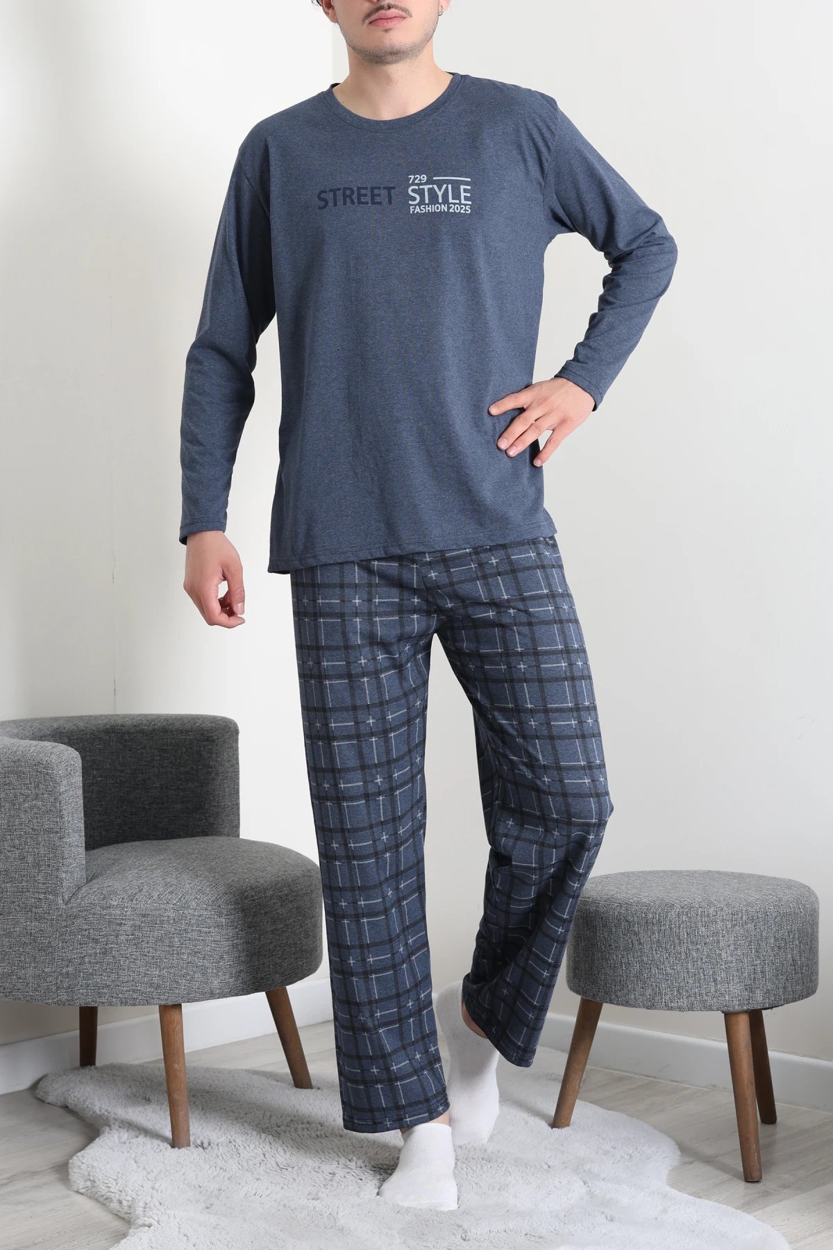 Süprem Ekose Bisiklet Yak Uzun Kol Cepli Erkek Pijama Takımı Lacivert