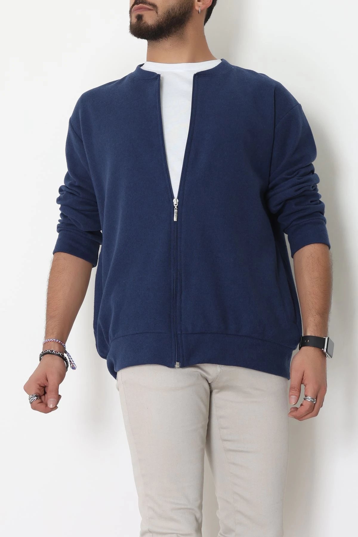 Fermuarlı Selanik Kumaş Erkek Sweat Lacivert