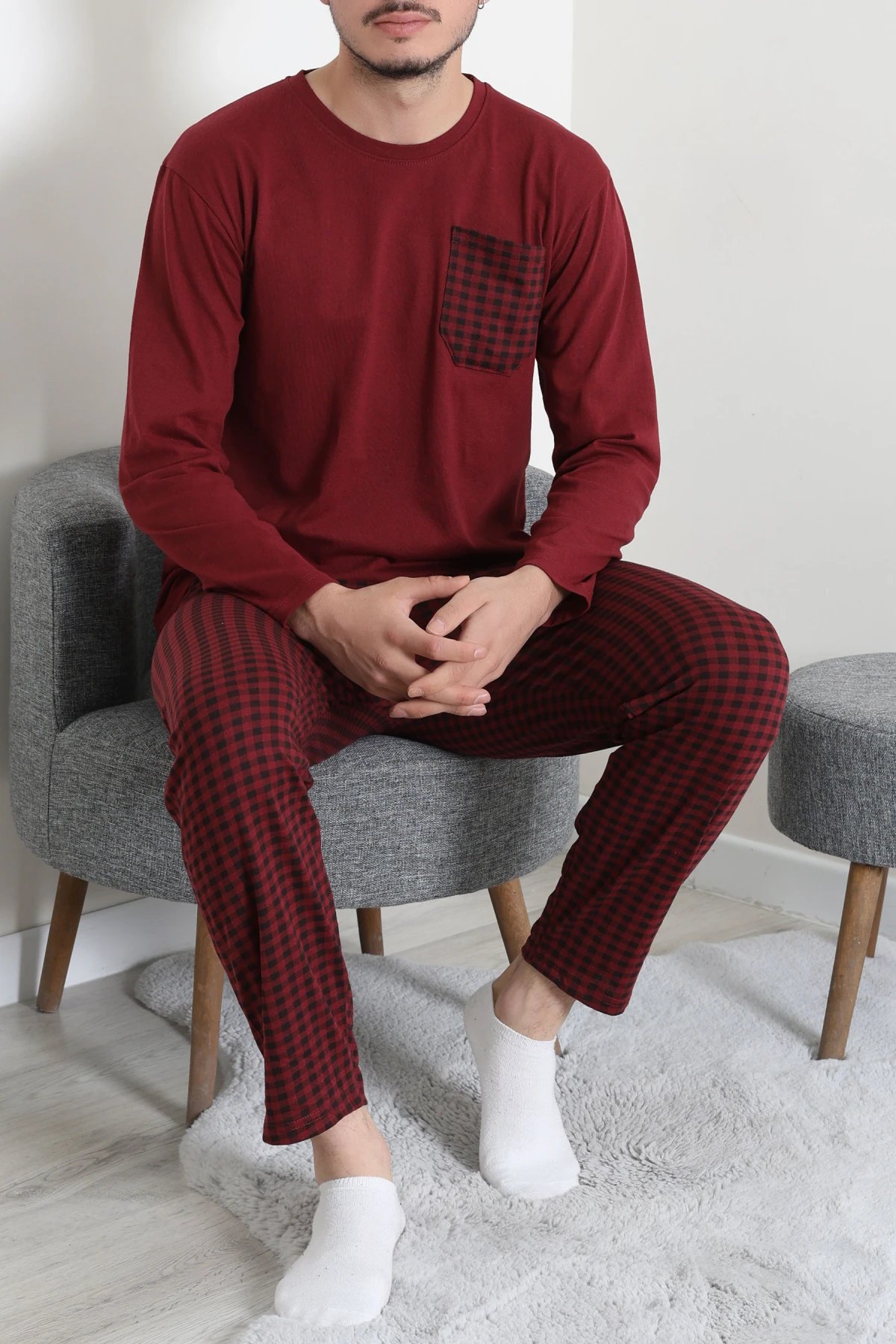 Süprem Ekoseli Baskılı Erkek Pijama Takımı Bordo