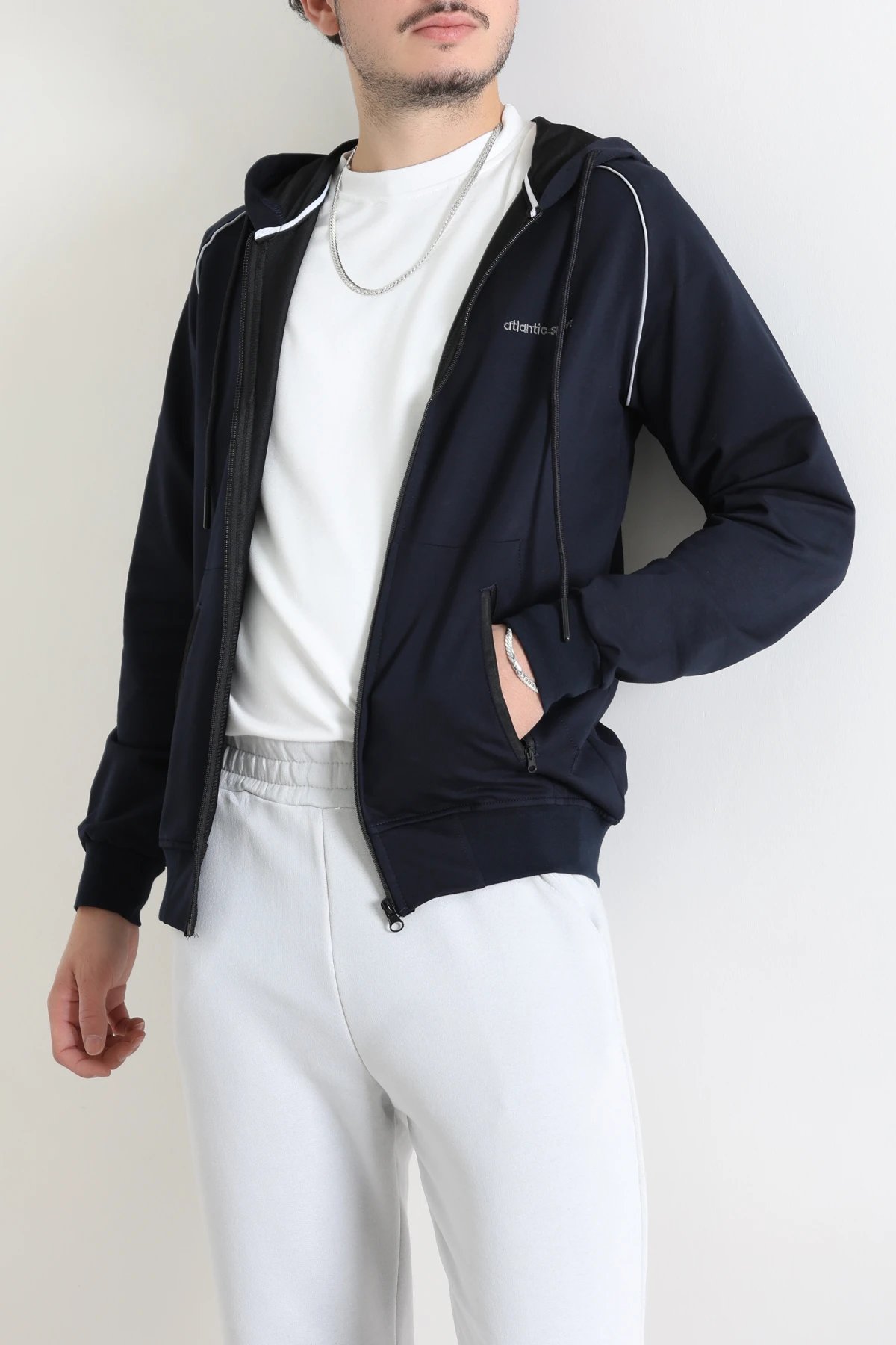 2 İplik Kompakt Kapüşonlu Kanguru Cepli Erkek Swearshirt Lacivert