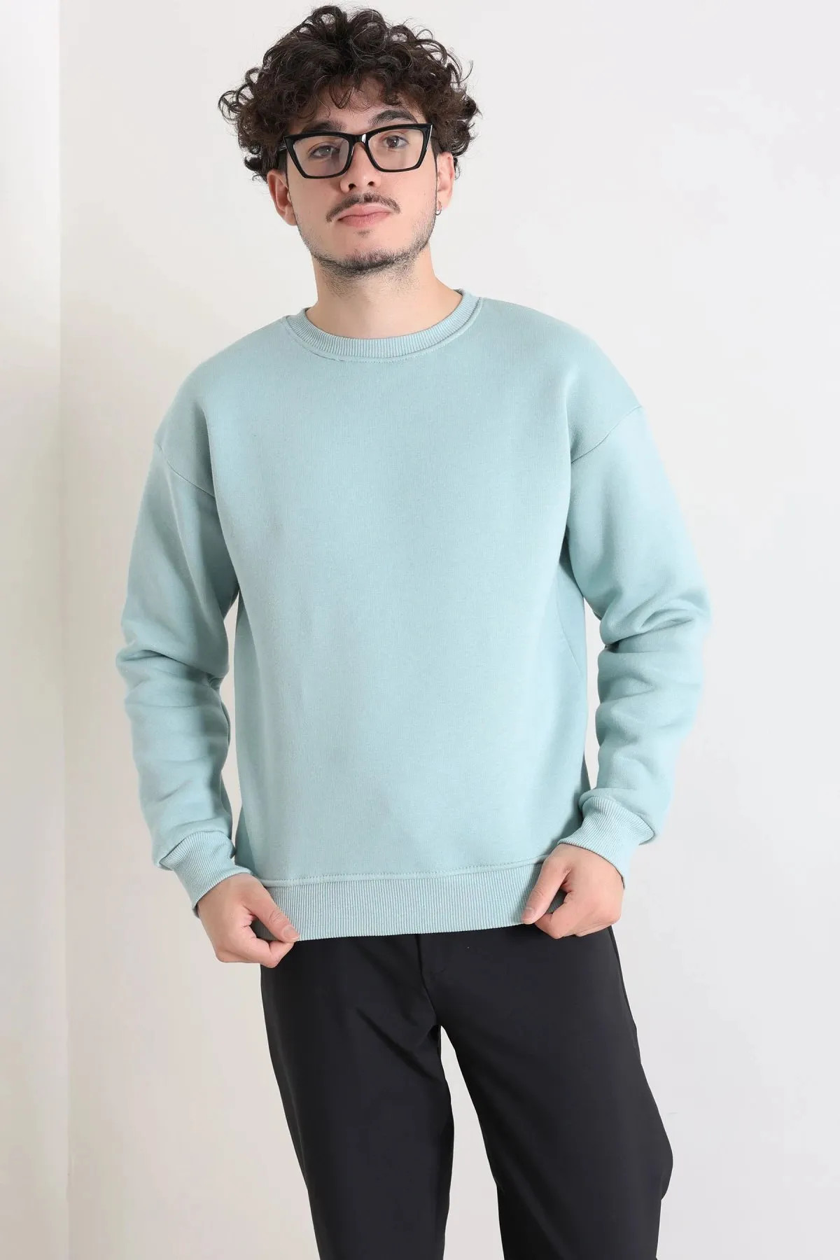 Bisiklet Yaka Şardonlu 3 İplik Erkek Sweat Çağla