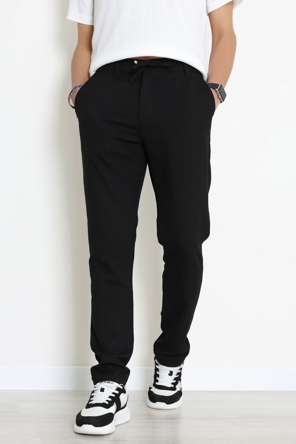 Dokuma Beli Lastikli Erkek Jogger Pantolon  Siyah