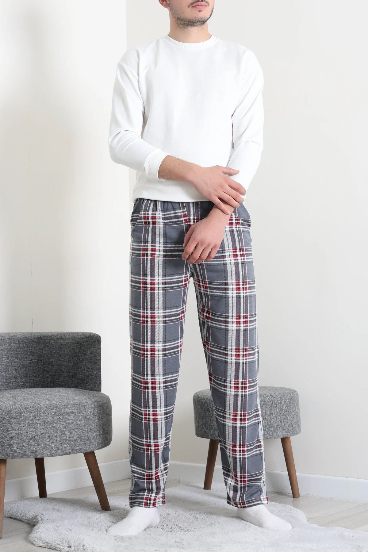 Süprem Cepli Erkek Pijama Altı Gri Kırmızı