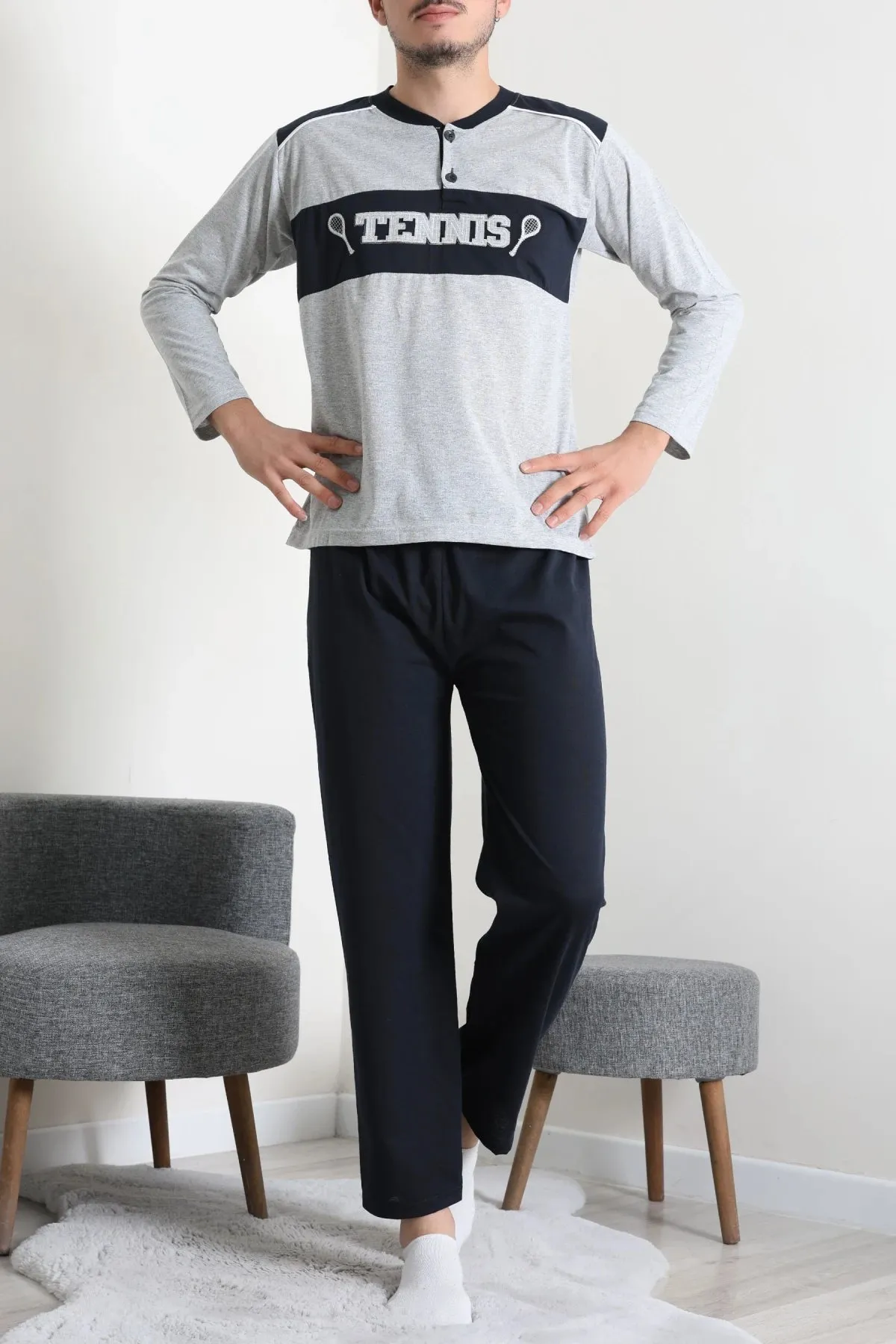 Süprem Patlı Garnili Erkek Pijama Takımı Gri