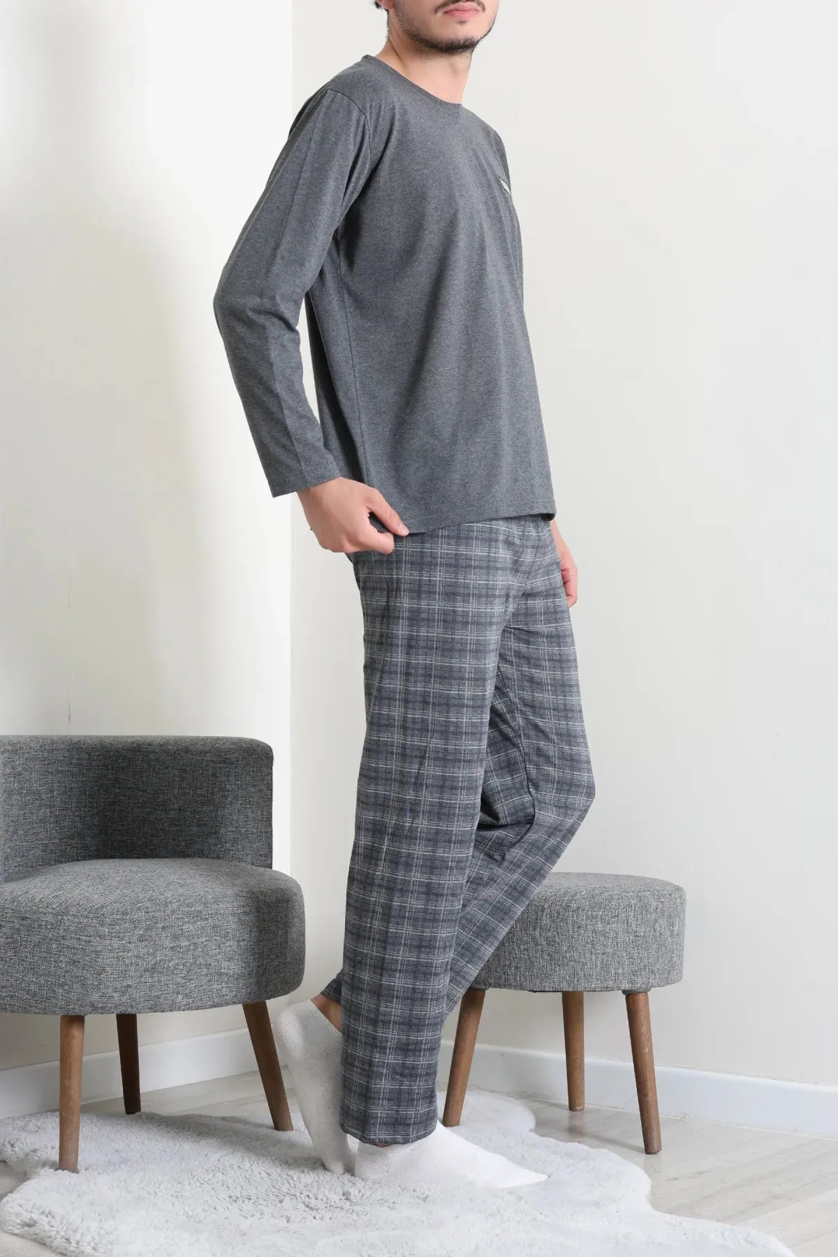 Süprem Ekose Erkek Pijama Takımı Füme