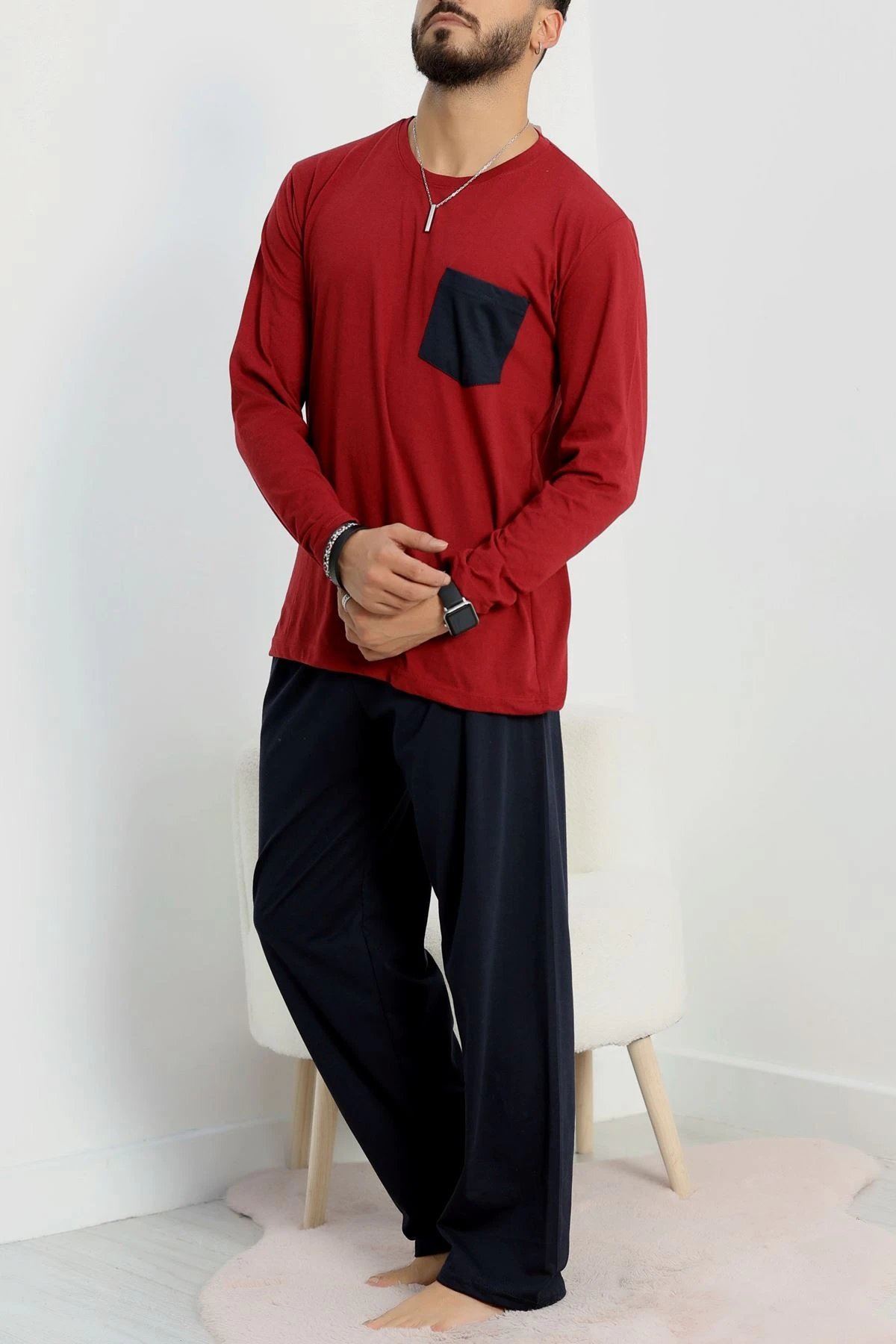 Cep Detay Süprem Erkek Pijama Takımı Bordo