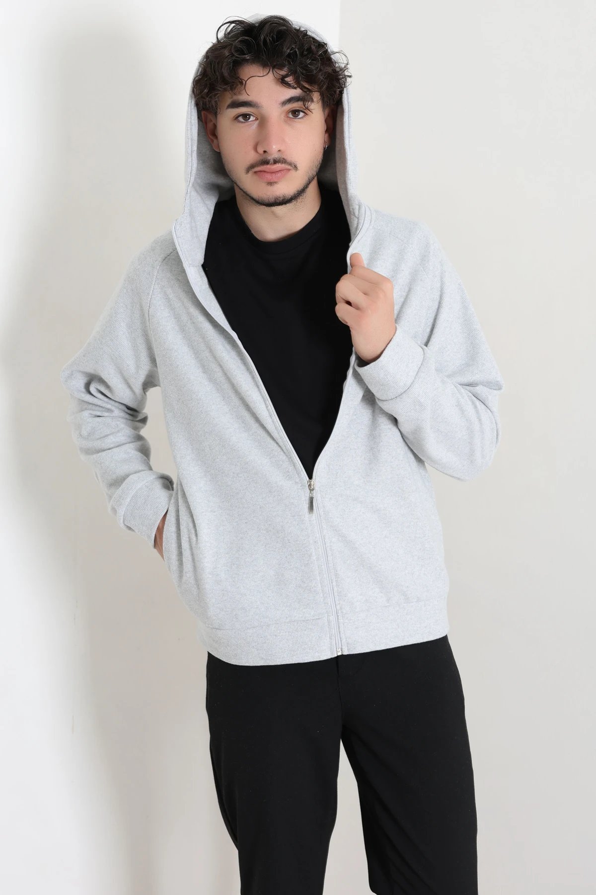 Selanik Kumaş Kapşonlu Erkek Sweat Gri