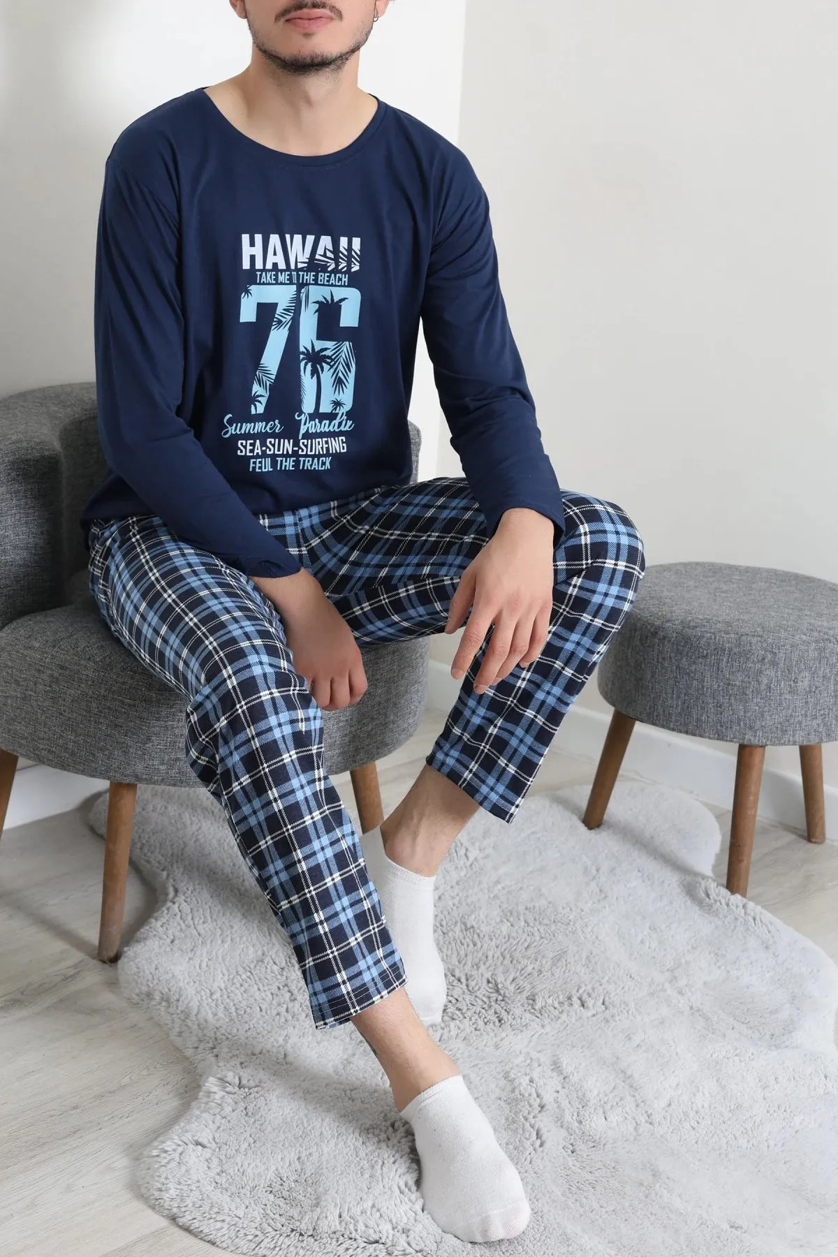 Baskılı Erkek Pijama Takımı İndigo