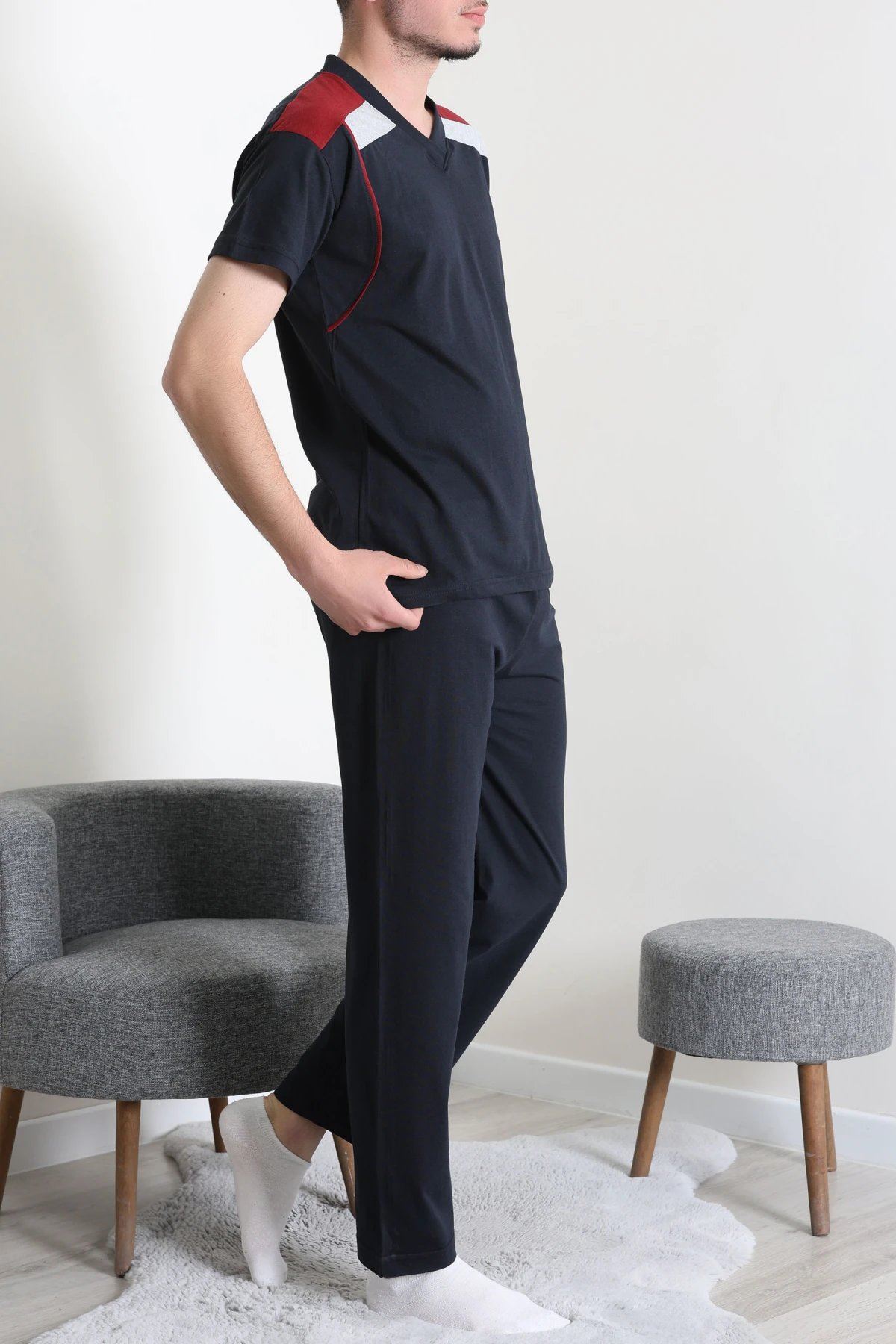 V Yaka Erkek Pijama Takımı Koyulaci