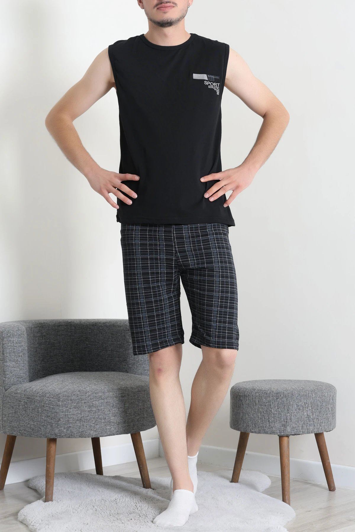Süprem Ekose Şortlu Erkek Pijama Takım Siyahanti