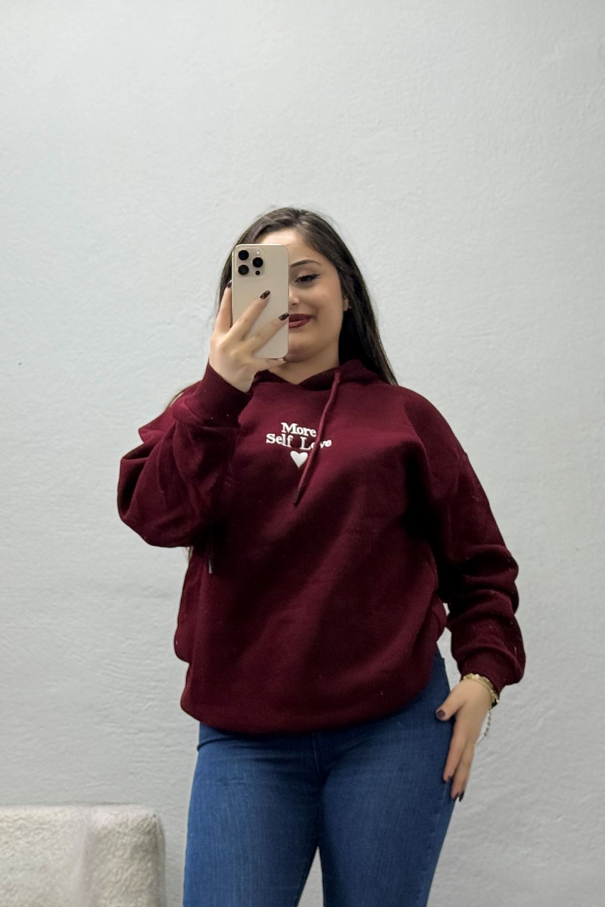 Kadın Üç İplik Kapşonlu Nakışlı Sweat Bordo