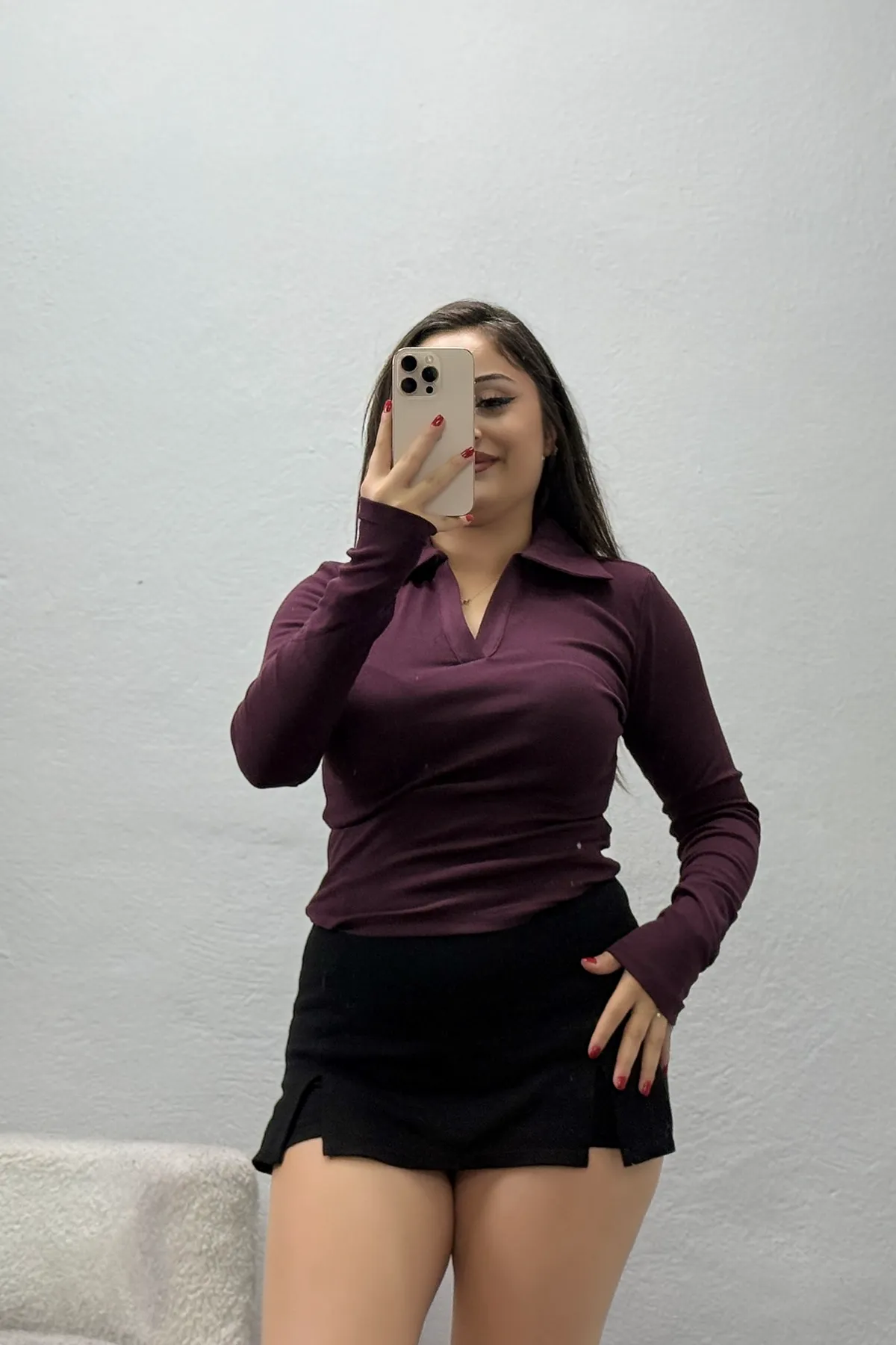 Kadın Ribana Kumaş Polo Yaka Body Mürdüm