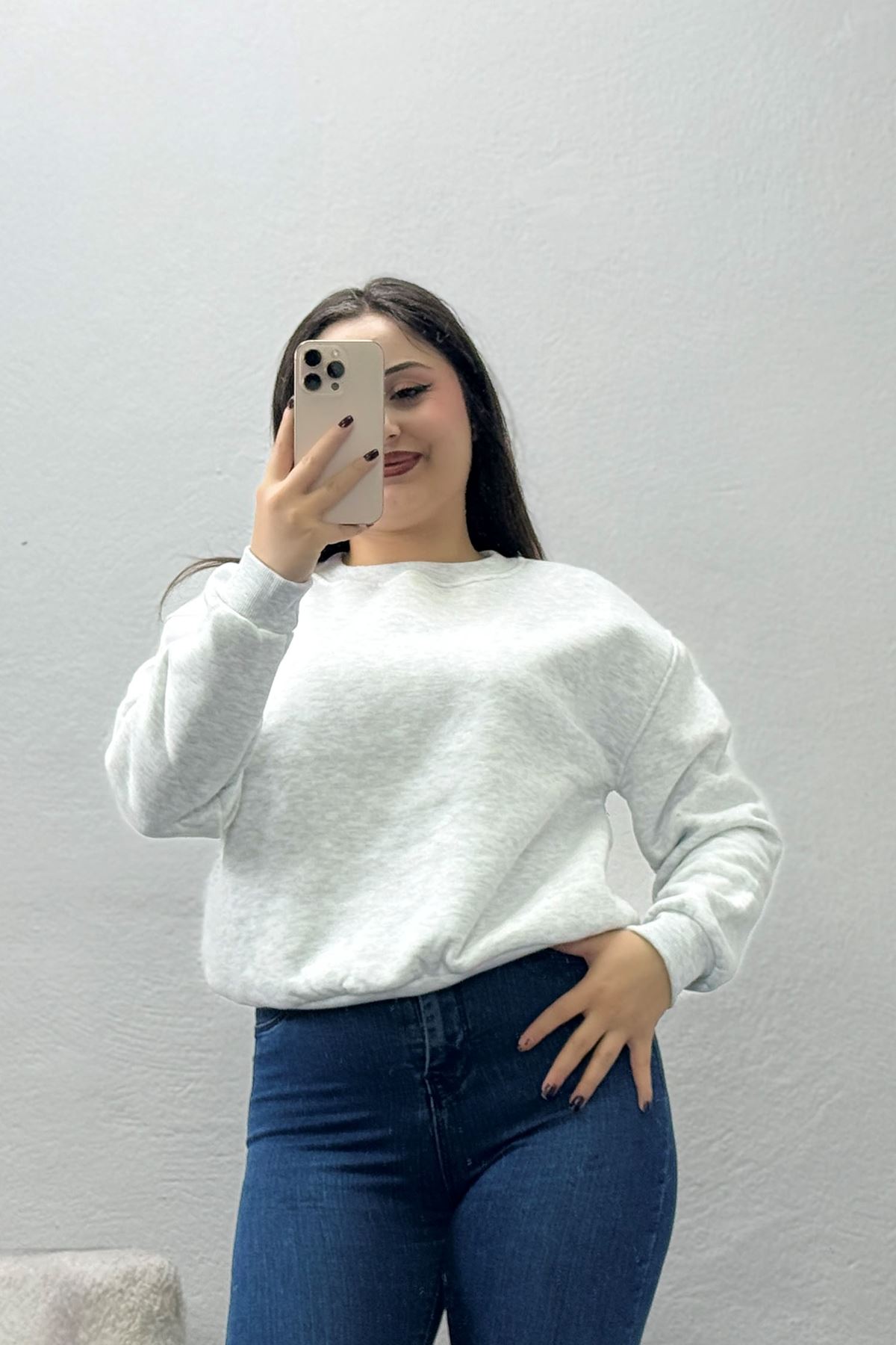 Kadın 3 İplik Bisiklet Yaka Şardonlu Sweatshirt Açıkgri