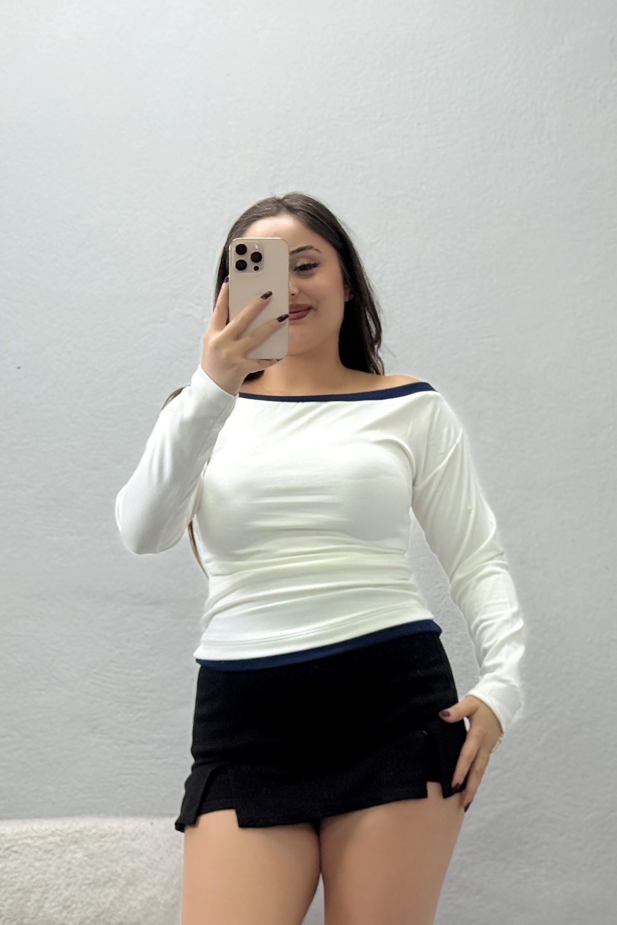 Kadın Modal Şeritli Kayık Yaka Bluz Ekru