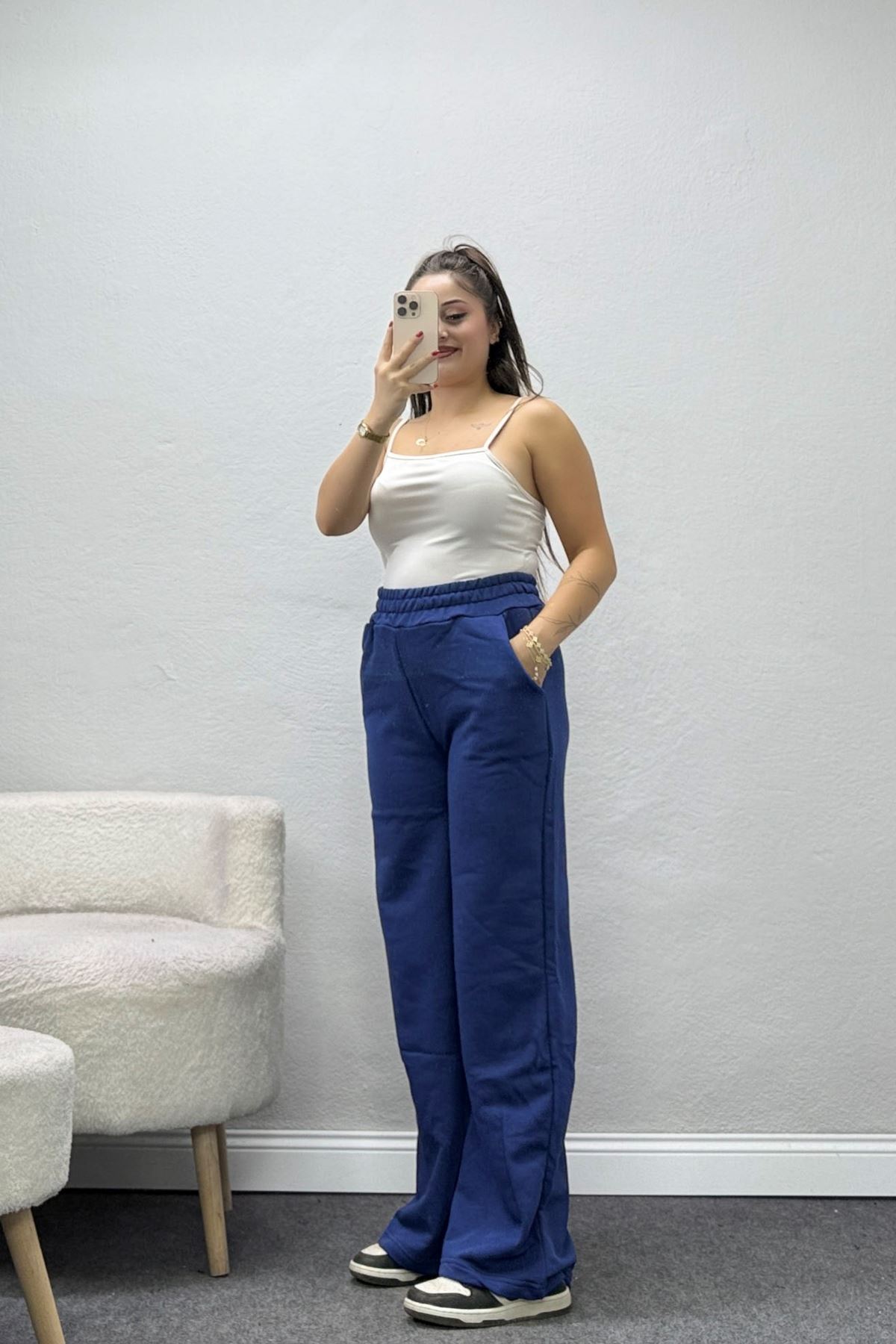 Kadın 3 İplik Şardonsuz Bol Paça Model Eşofman Altı İndigo