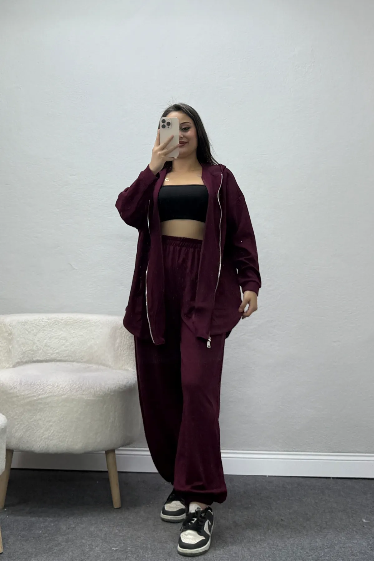 Kadın Modal Kapşonlu Fermuarlı Oversize İkili Takım Bordo
