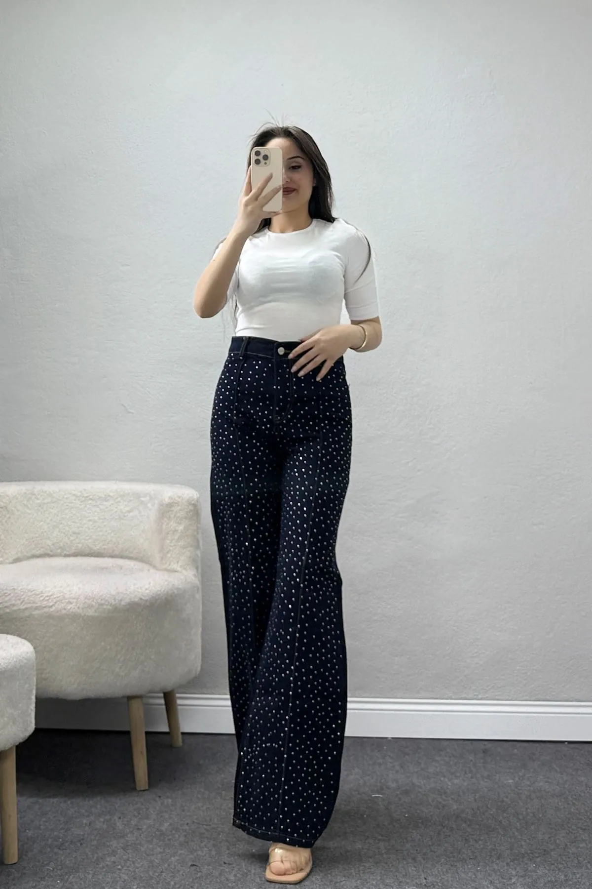 Kadın Taşlı Çımalı Kot Pantolon Koyumavi