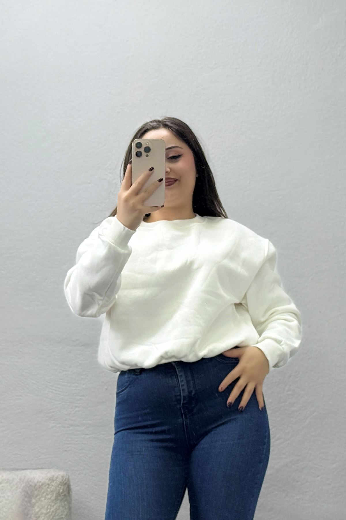 Kadın 3 İplik Bisiklet Yaka Şardonlu Sweatshirt Ekru