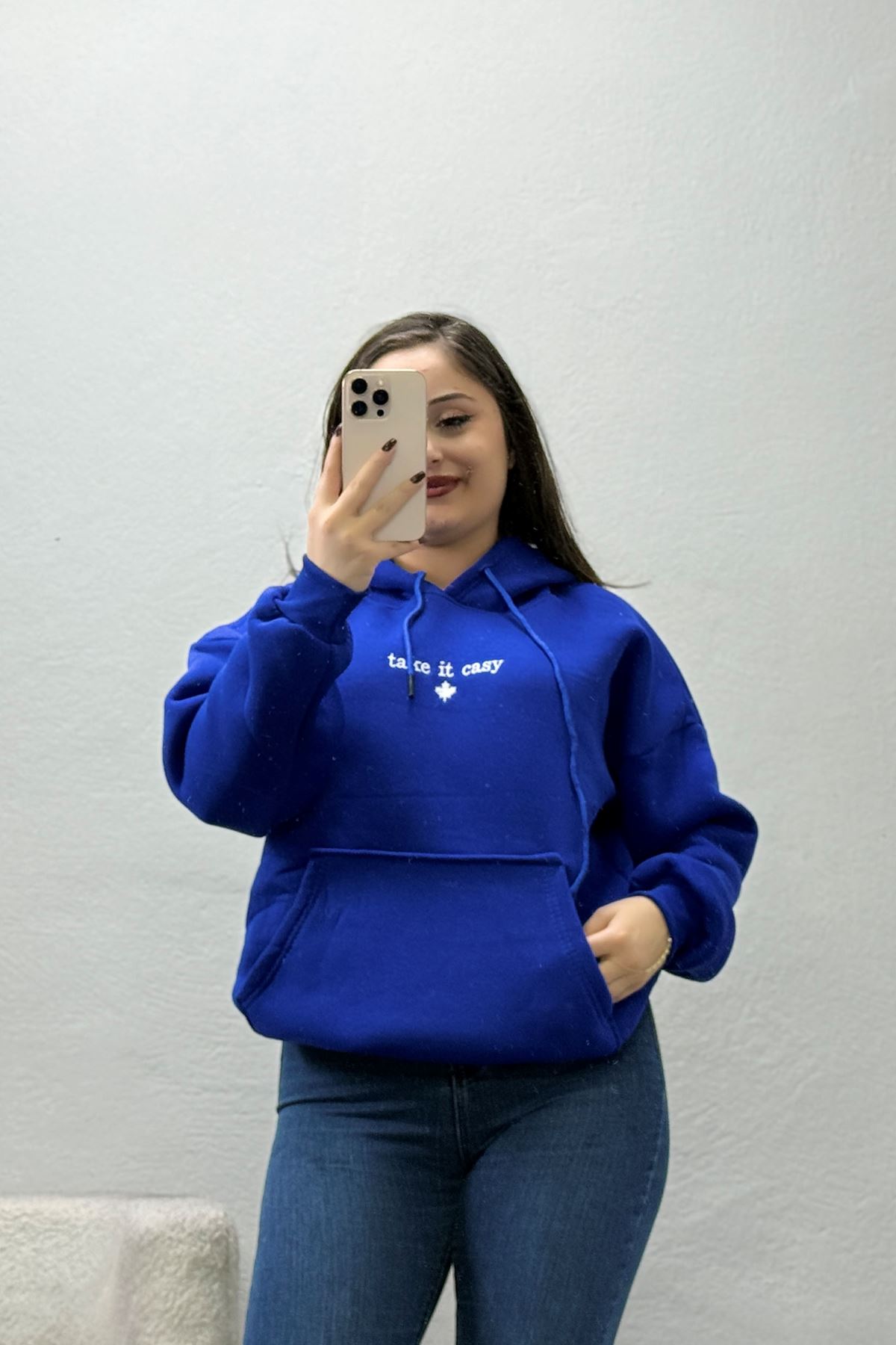 Kadın Üç İplik Kapşonlu Nakışlı Sweat Saks