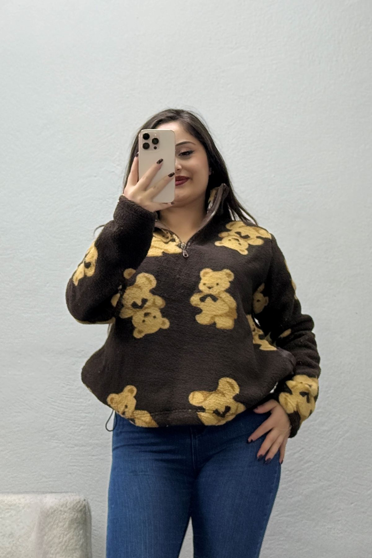 Kadın Yarım Fermuarlı Peluş Sweat Kahve