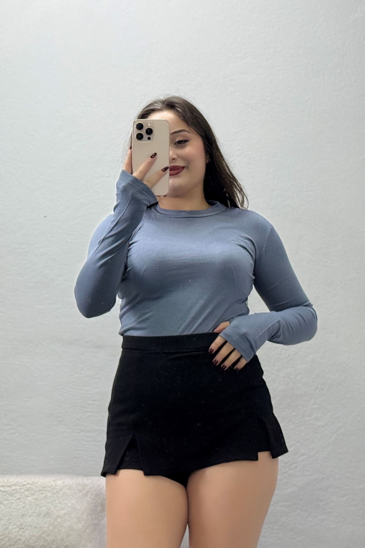 Kadın Dik Yaka Parmak Geçmeli Viskon Body Anti