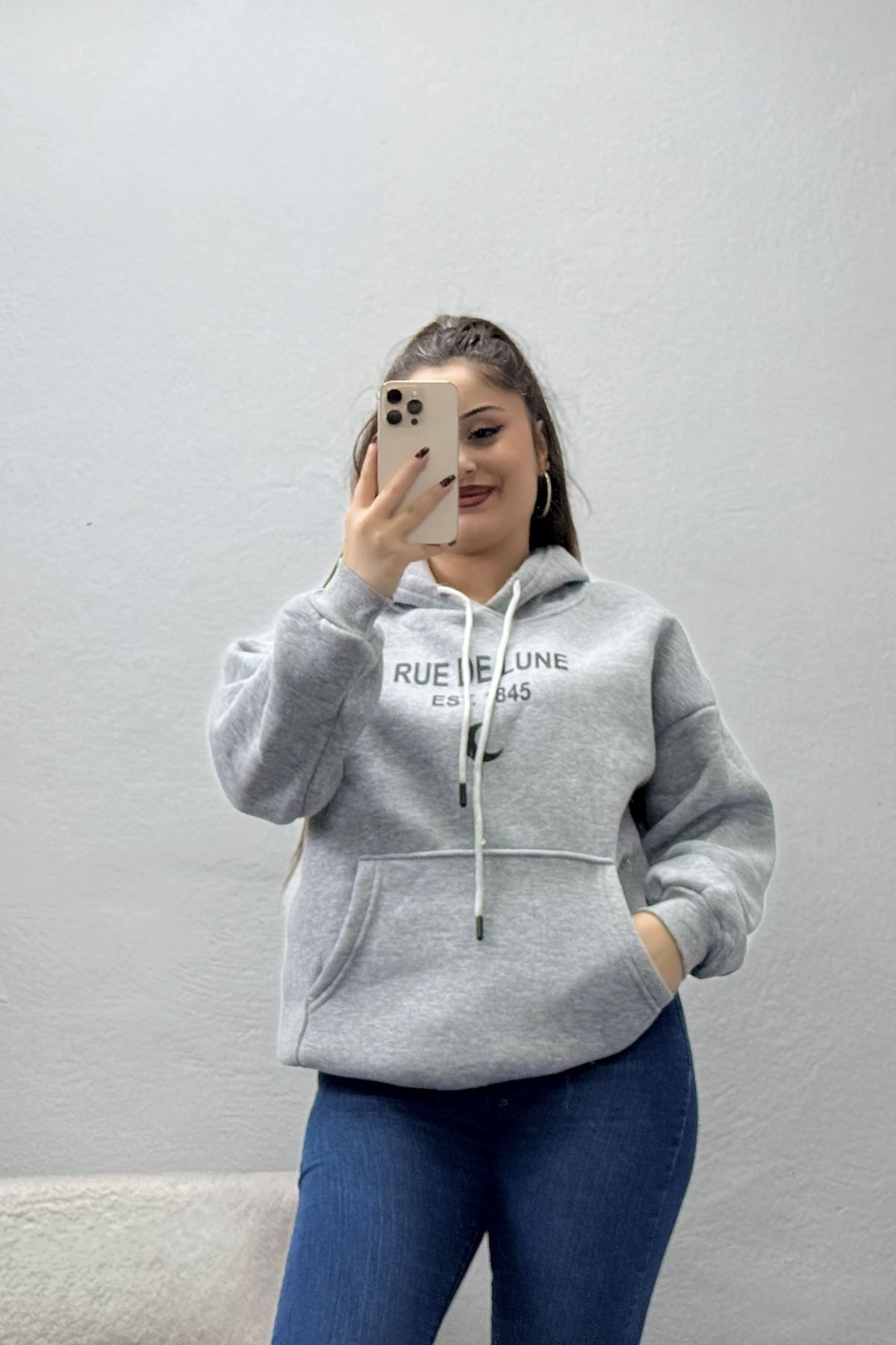 Kadın Kapşonlu Baskılı Sweat Gri