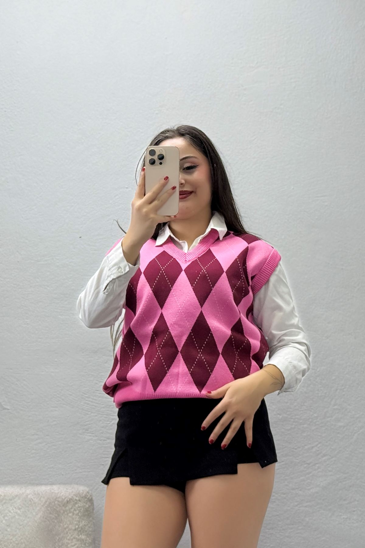 Kadın V Yaka Baklava Dilim Süveter Pembe