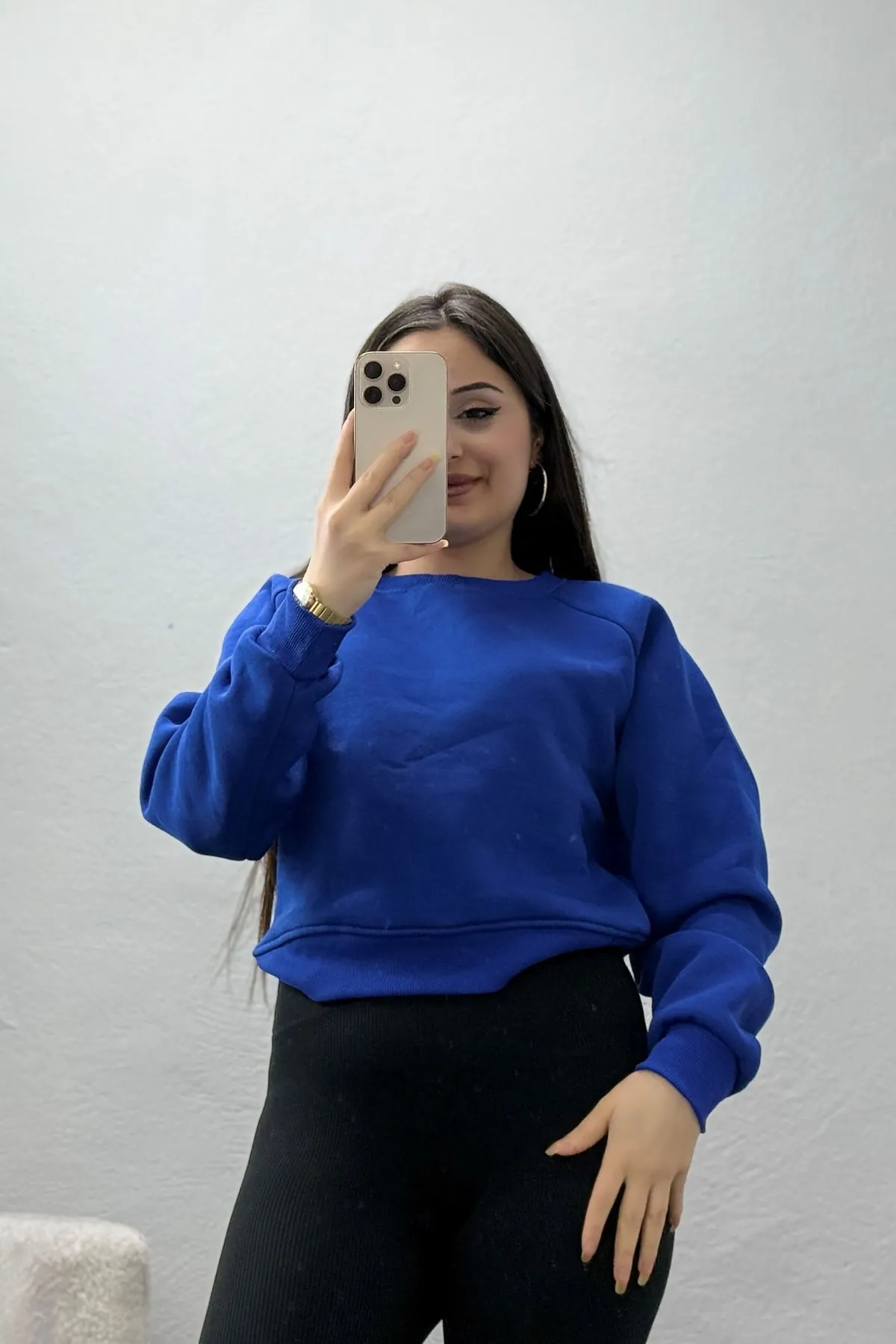 Kadın Bisiklet Yaka 3 İplik Sweat Saks