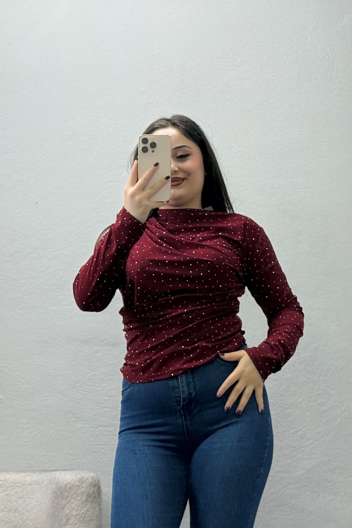 Kadın Sandy Taş Detaylı Drapeli Bluz Bordo