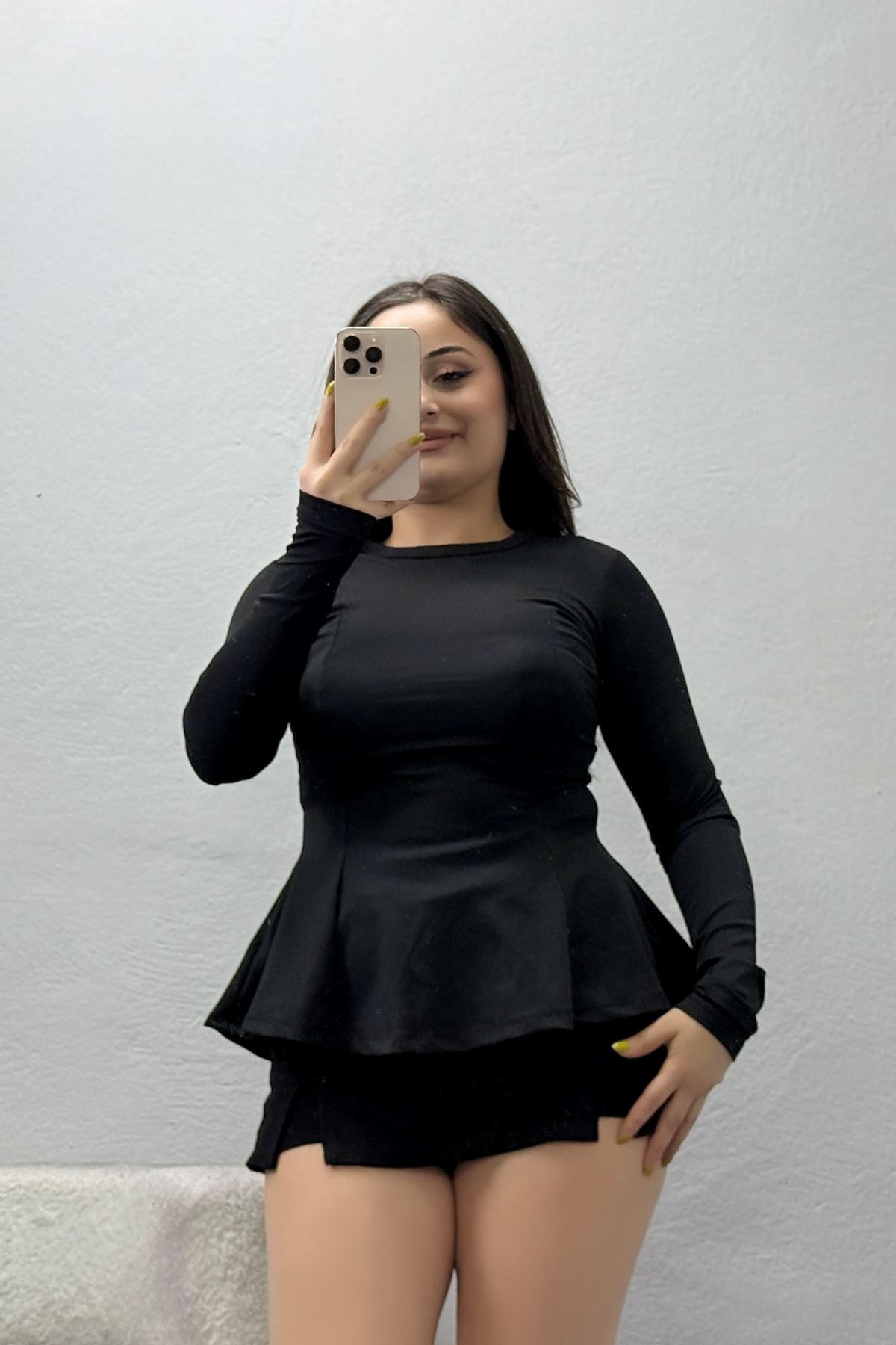 Kadın Likralı Dalgıç Peplum Bluz Siyah