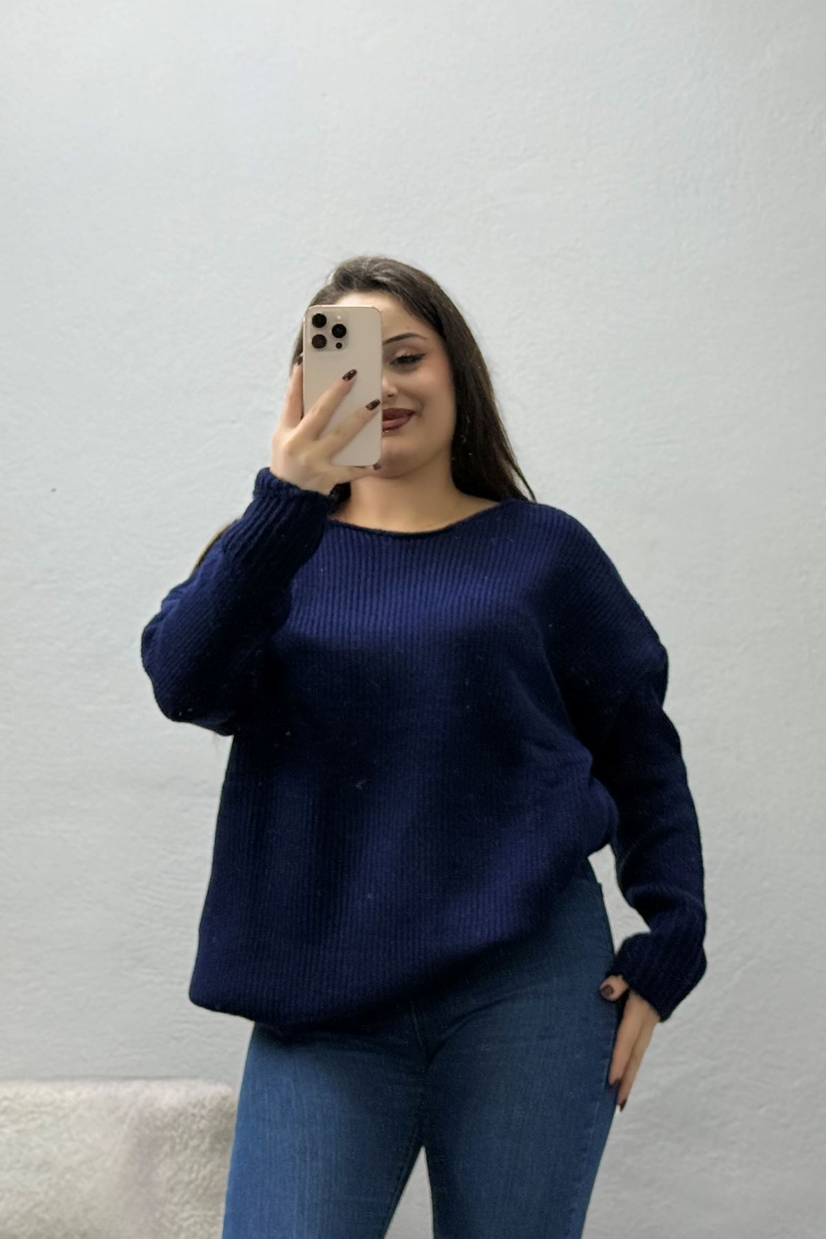 Kadın Düşük Kol Oversize Triko Kazak Lacivert