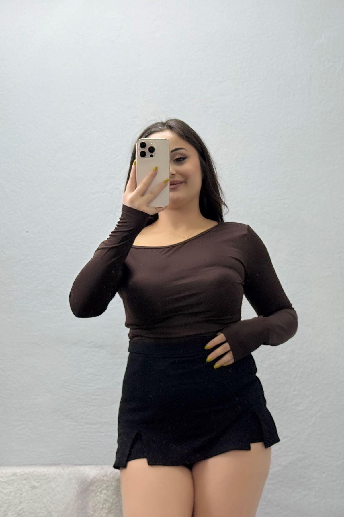 Kadın Asimetrik Kesim Dalgıç Uzun Kollu Body Kahve