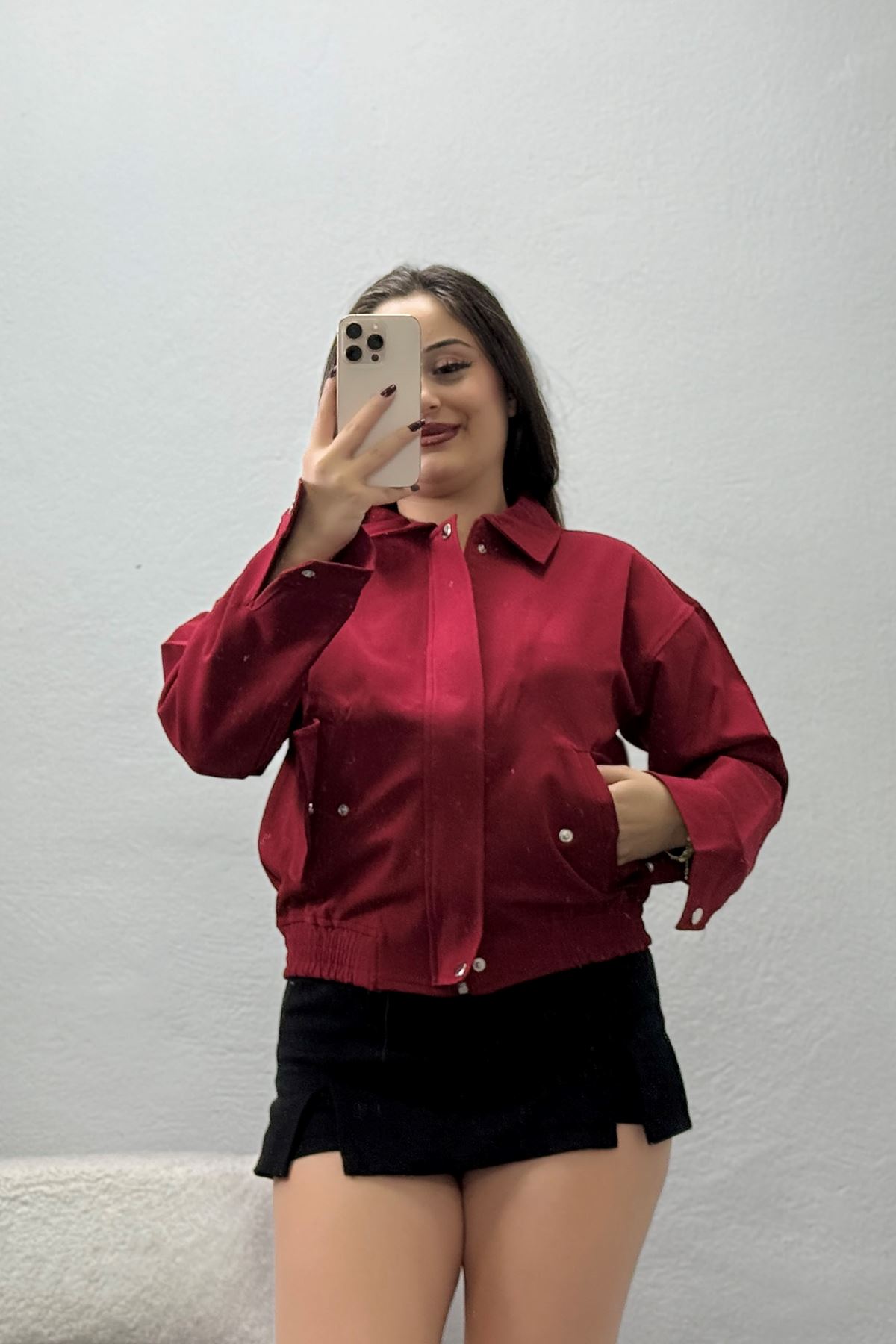 Kadın Likralı Dokuma Kumaş Bomber Ceket Bordo