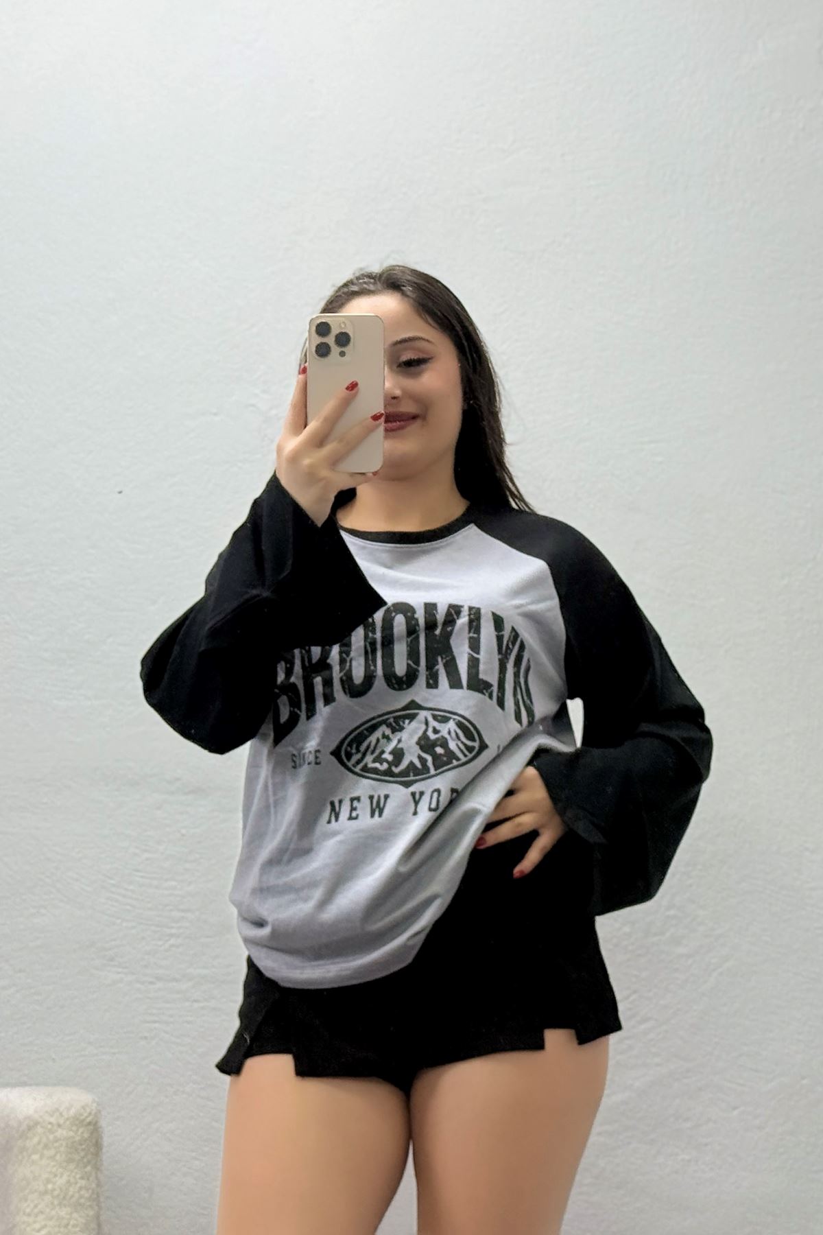 Kadın Reglan Kol Bisiklet Yaka Penye Sweat Gri Siyah