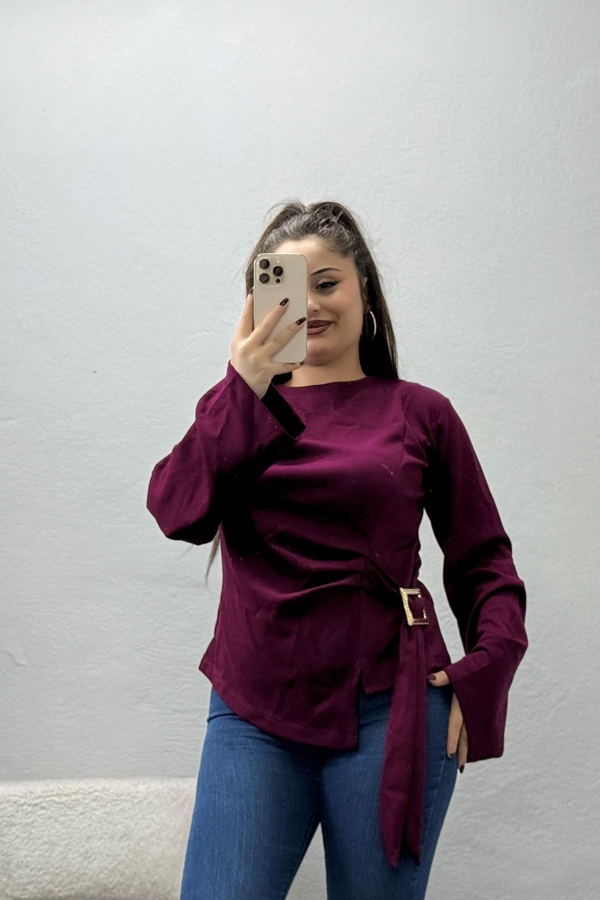 Kadın Toka Detaylı Kimono Kol Modal Bluz Vişne