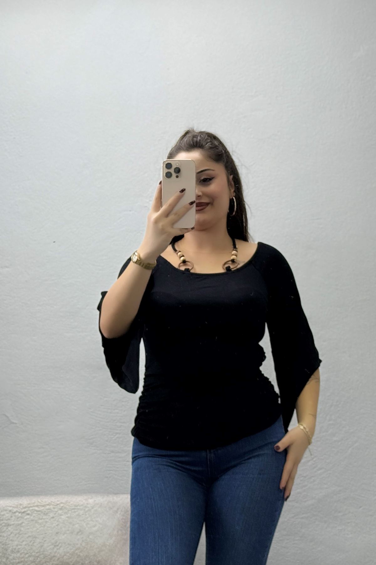 Kadın Bağlama Yaka Viskon Ribana Bluz Siyah