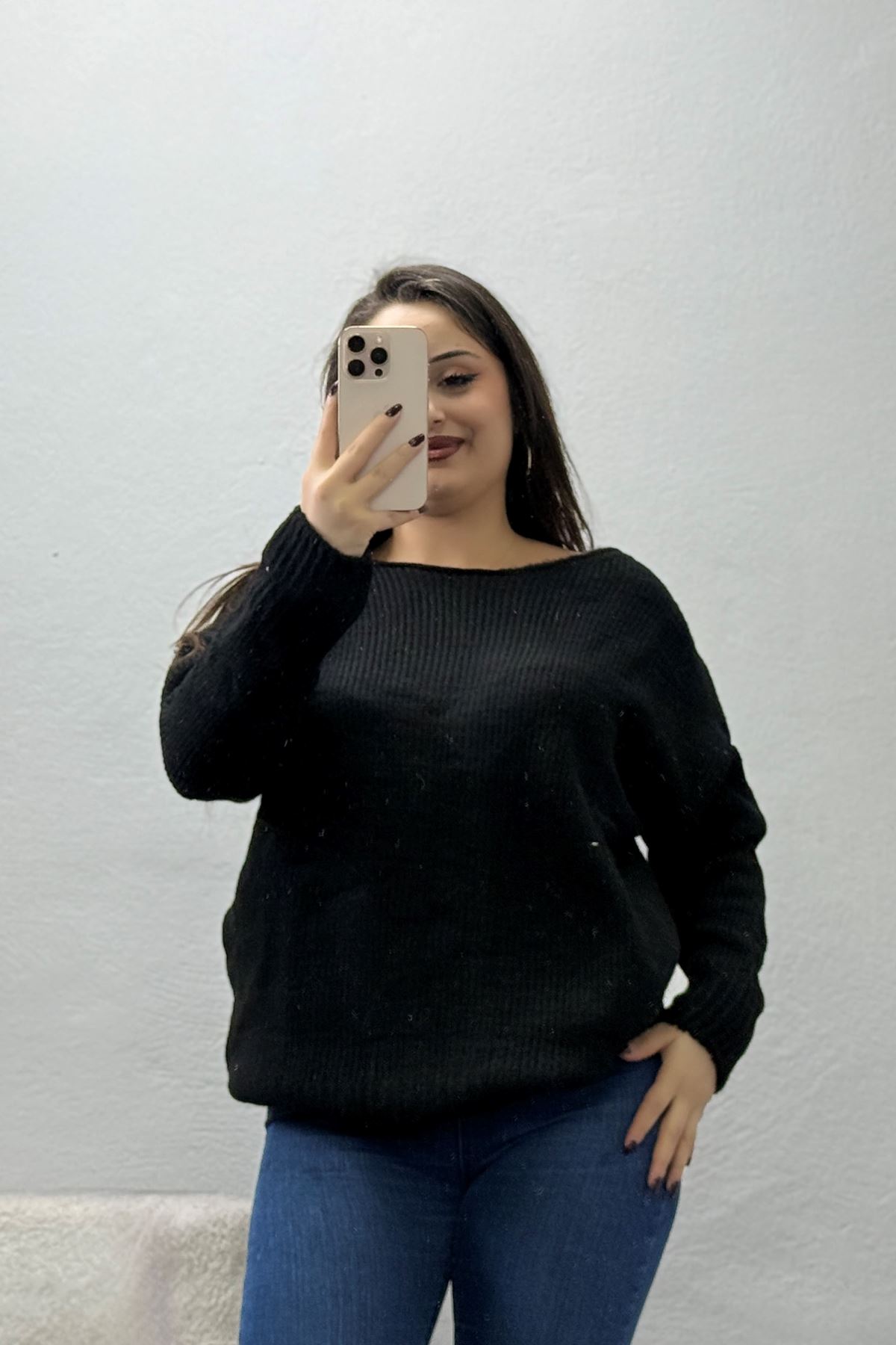 Kadın Düşük Kol Oversize Triko Kazak Siyah