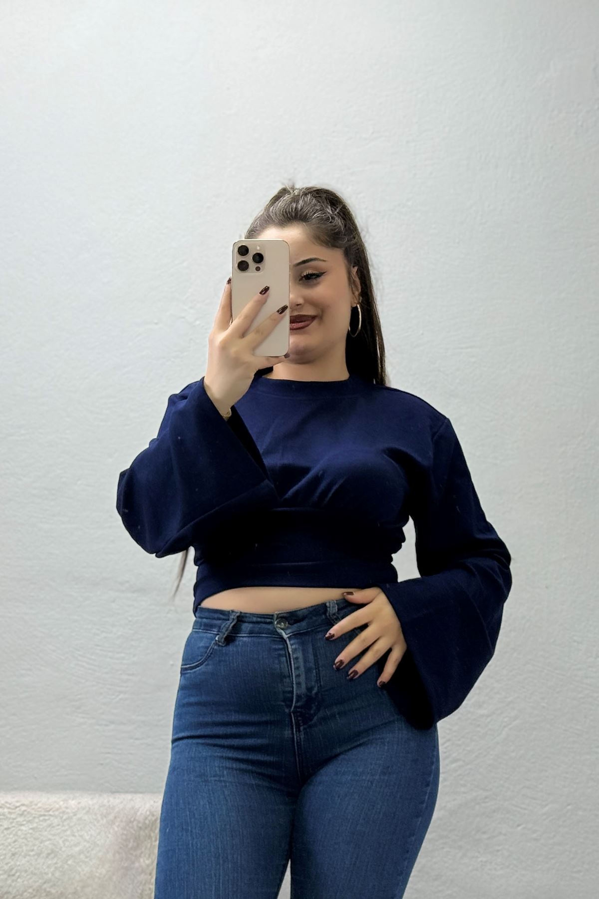Kadın Modal Bisiklet Yaka Büzgülü Bel Bluz Lacivert