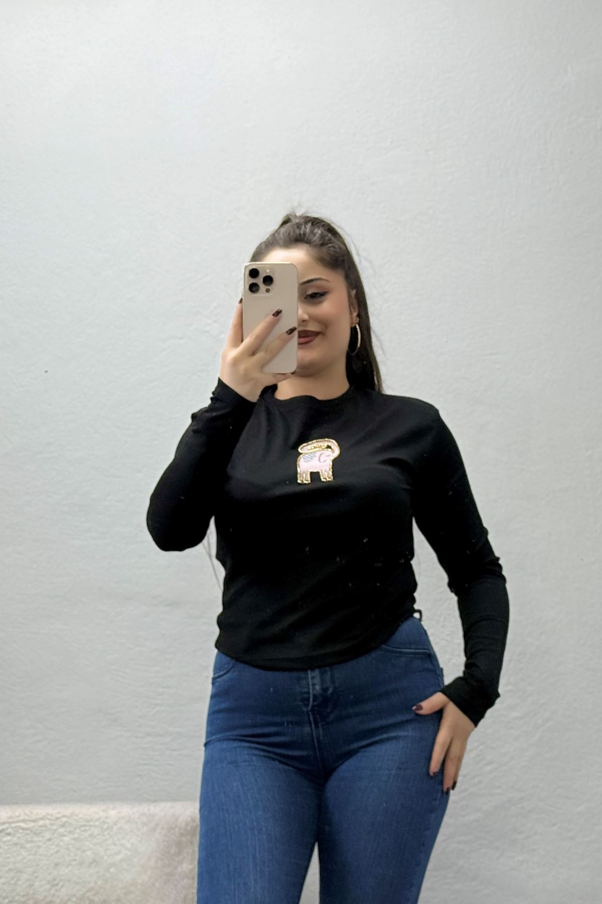 Kadın Desenli Bisiklet Yaka Body Siyah