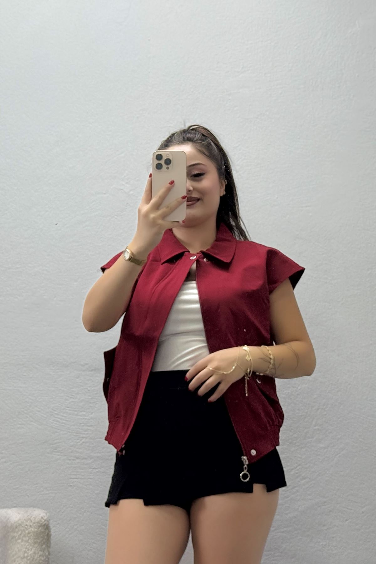 Kadın Likralı Cepli Dokuma Yelek Bordo