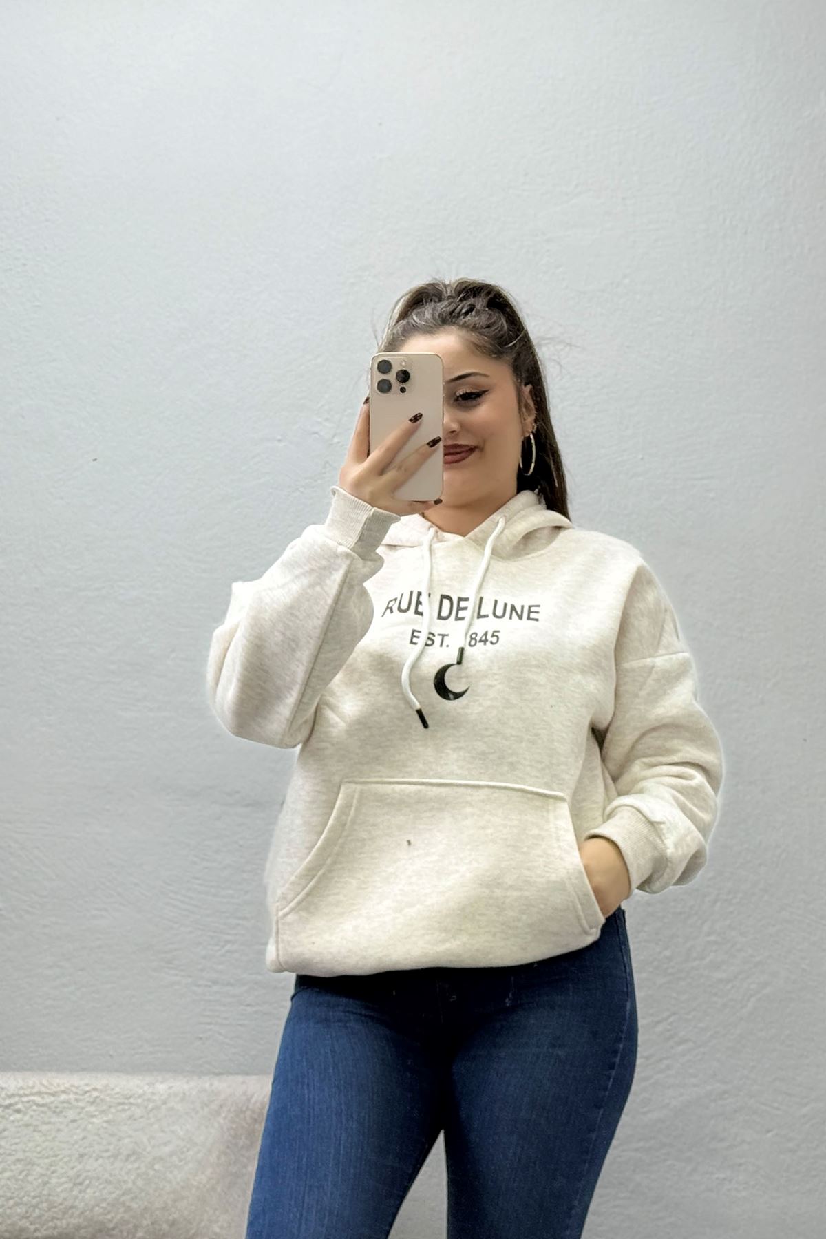 Kadın Kapşonlu Baskılı Sweat Bej