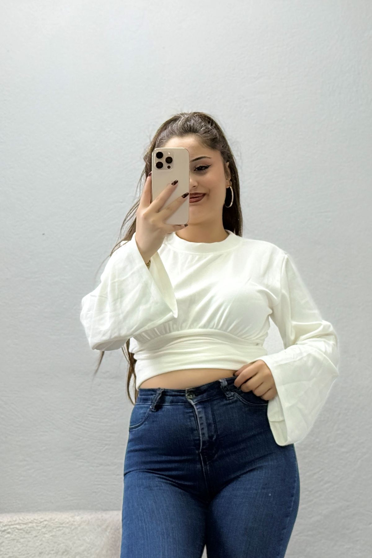 Kadın Modal Bisiklet Yaka Büzgülü Bel Bluz Ekru