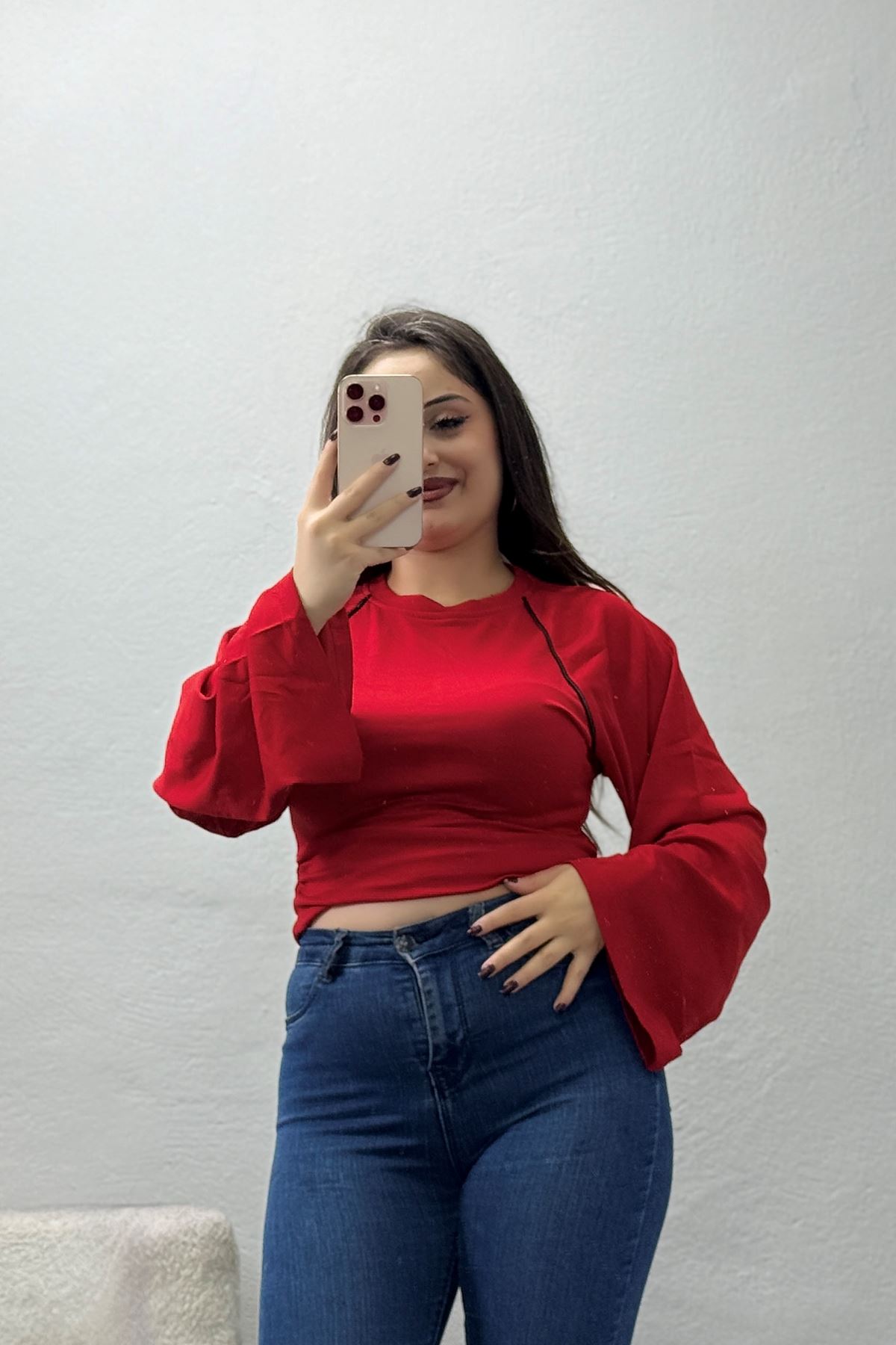 Kadın Biyeli Yan Büzgülü Modal Bluz Kırmızı