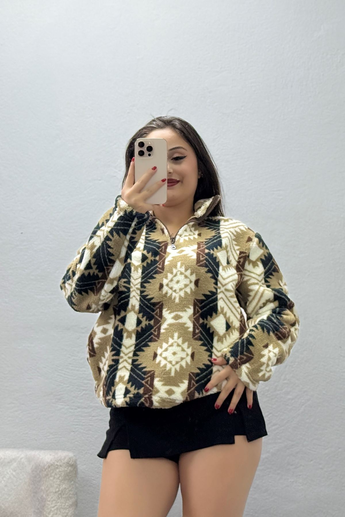 Kadın Yarım Fermuarlı Peluş Sweat Vizonetnik